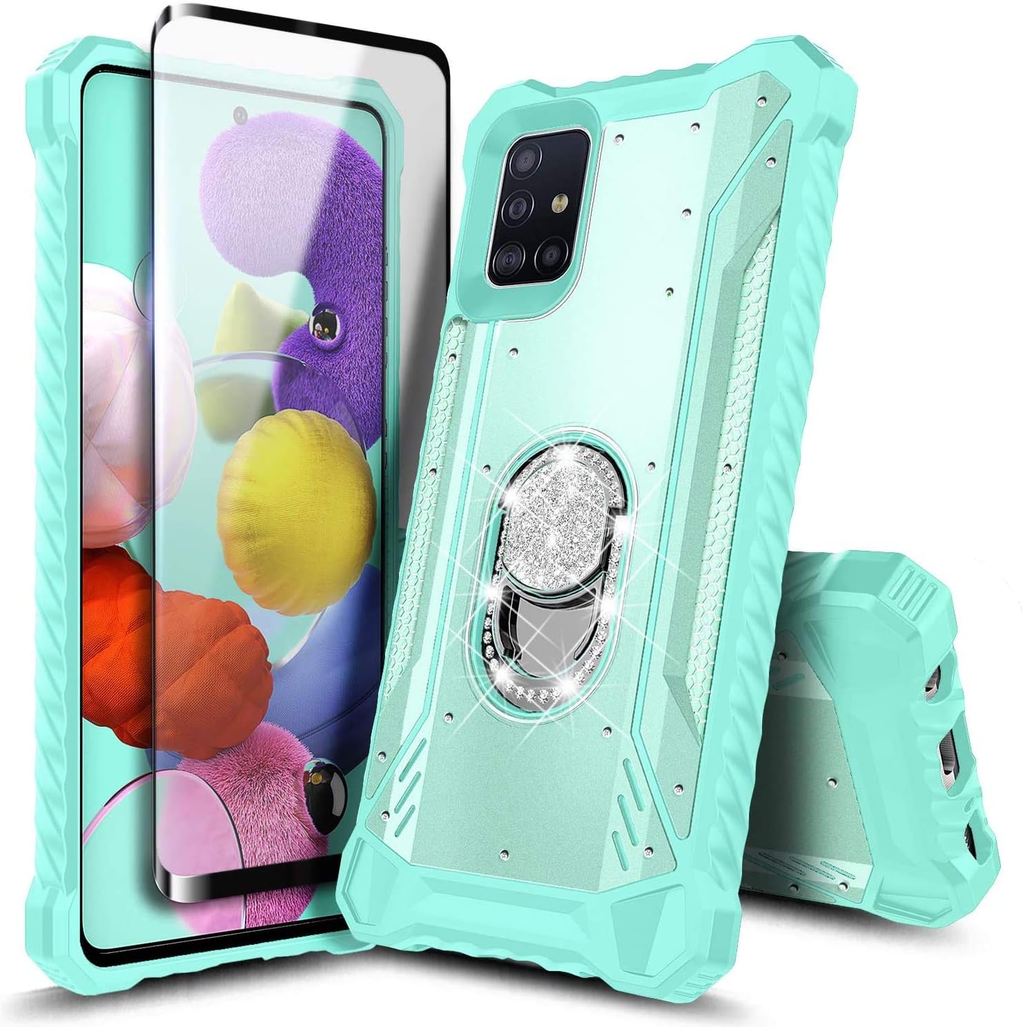 E-Began Case for Samsung Galaxy A71 5G with Tempered Glass Screen Protector, Magnetic Metal Built-in Diamond Ring Stand Holder, Full-Body Protective Case [Not Fit A71 5G UW Verizon] -Teal