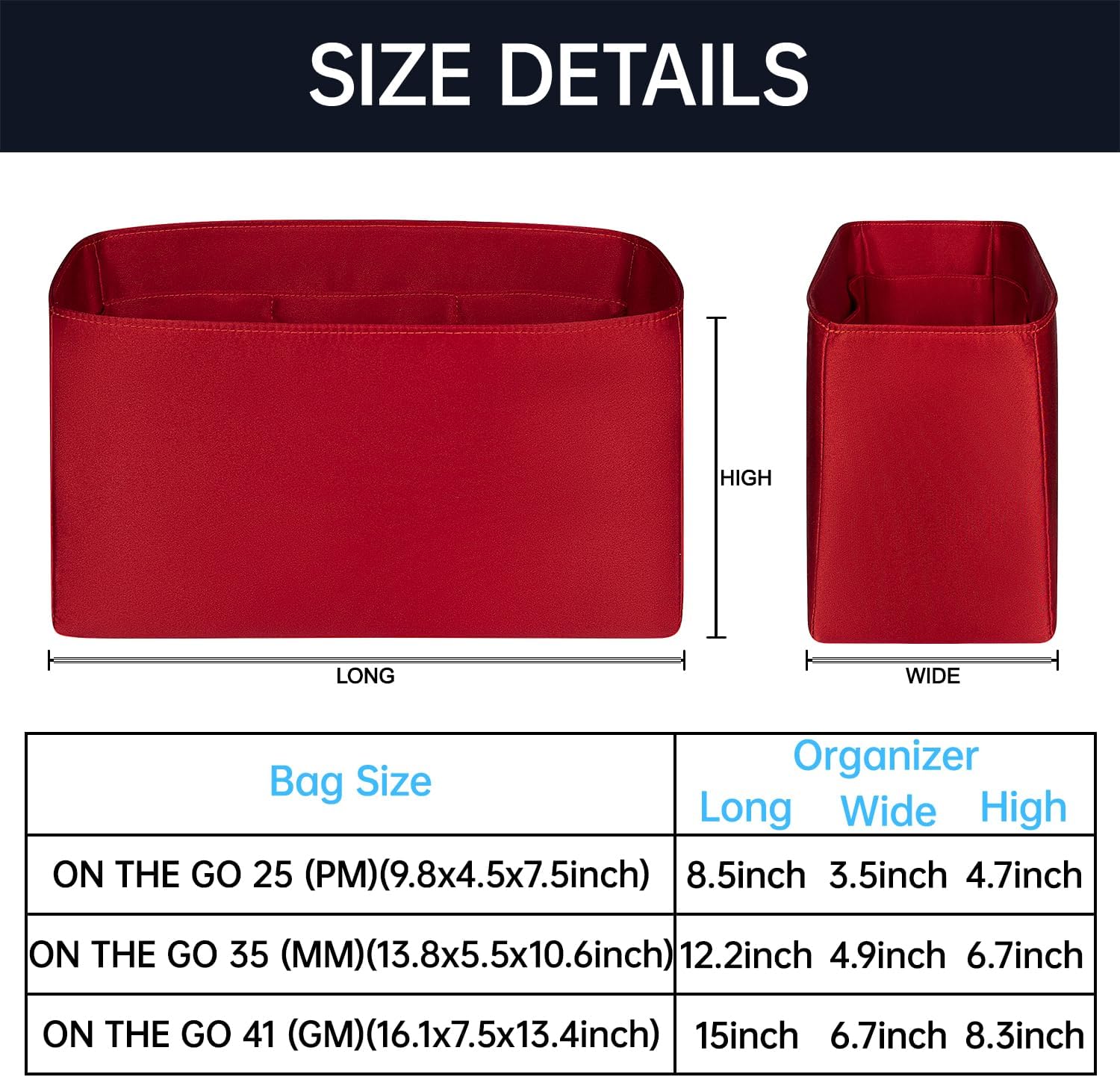 Organizer Insert for On The Go PM/MM/GM | Satin Inner Bag Organiser(Size: PM, Color: Red)