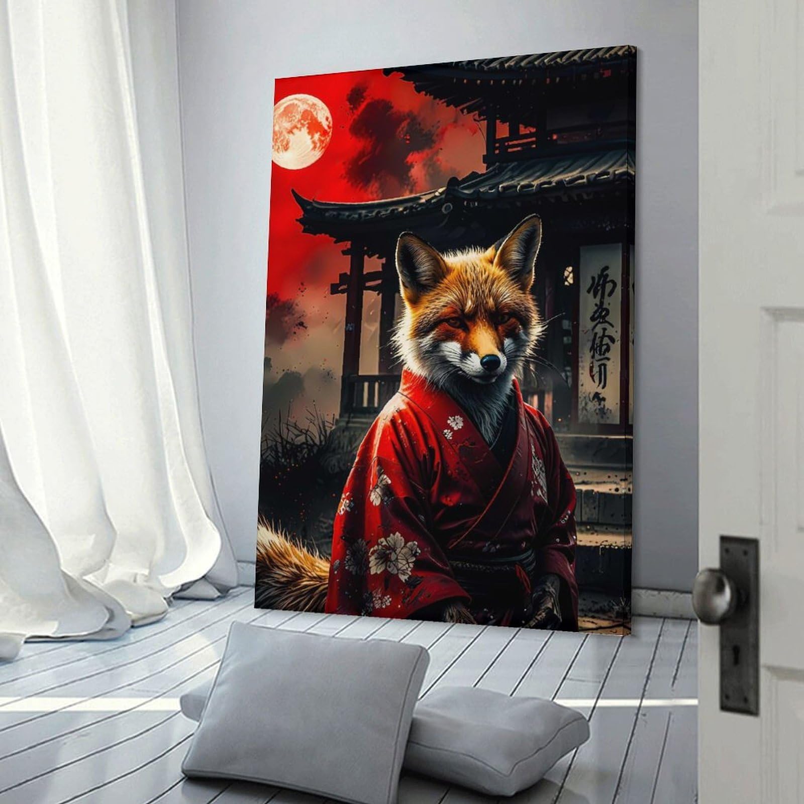 Junmoney Fox Spirit in A Red Kimono Home Decor Wall Art, 24x36inch(60x90cm), for New Homes, Bedrooms Or Workspaces, Gift Idea for Housewarming And Birthdays