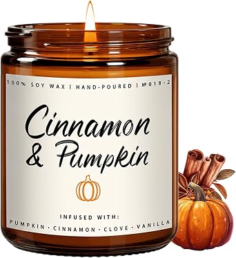 Cinnamon & Pumpkin Scented Candle Fall Candles for Home Scented, Soy Candles for Home, 7 oz Cozy Pumpkin Candle for Women & Men, Autumn Decor & Holiday Gifts