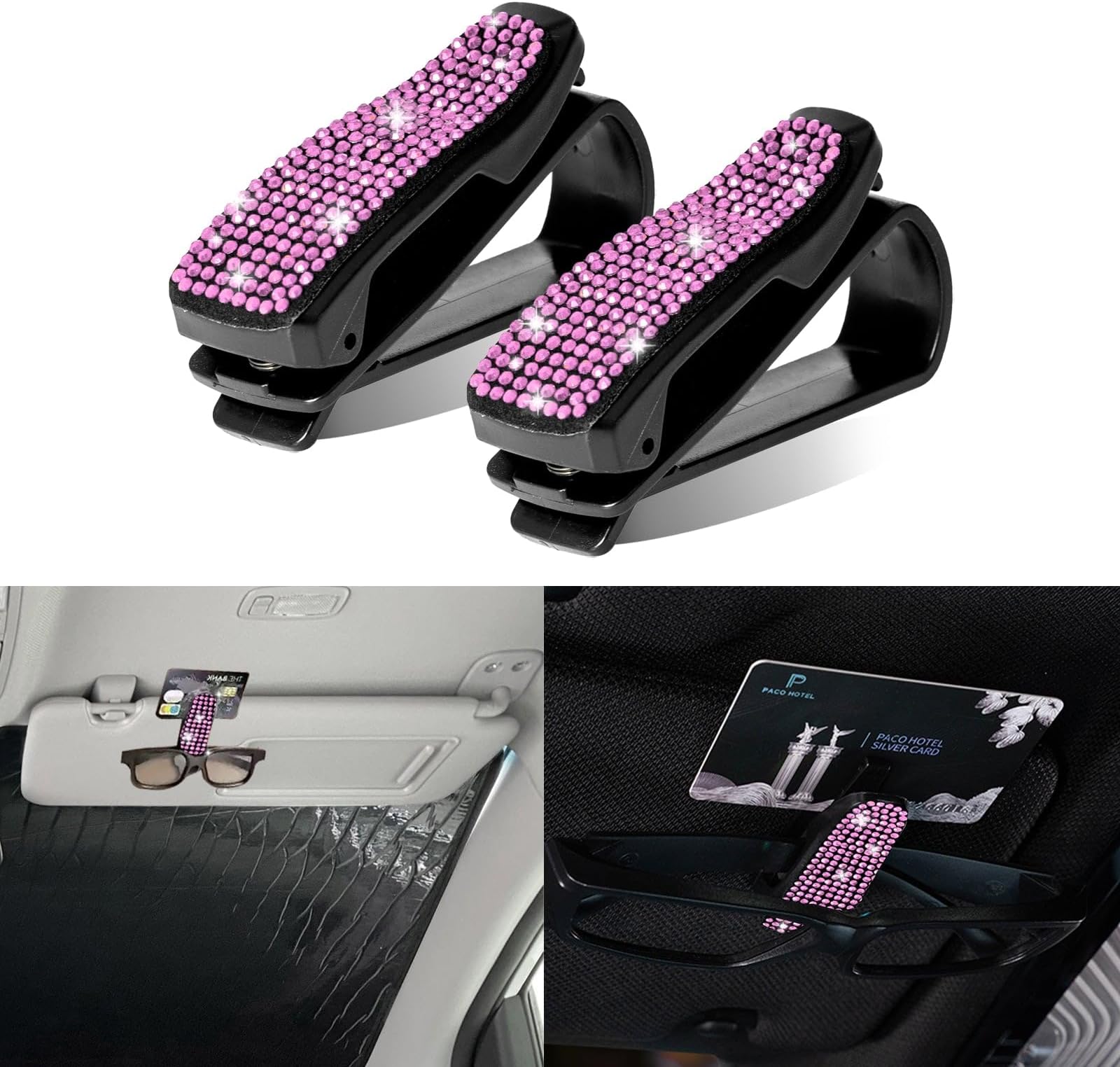 x xotic tech Glasses Holders for Car Sun Visor, 2 Pack Fashion Bling Crystal Rhinestones Car Eyeglasses Sunglasses Hanger Mount with Ticket Card Clip Valentines Day Gifts for Her (Pink)