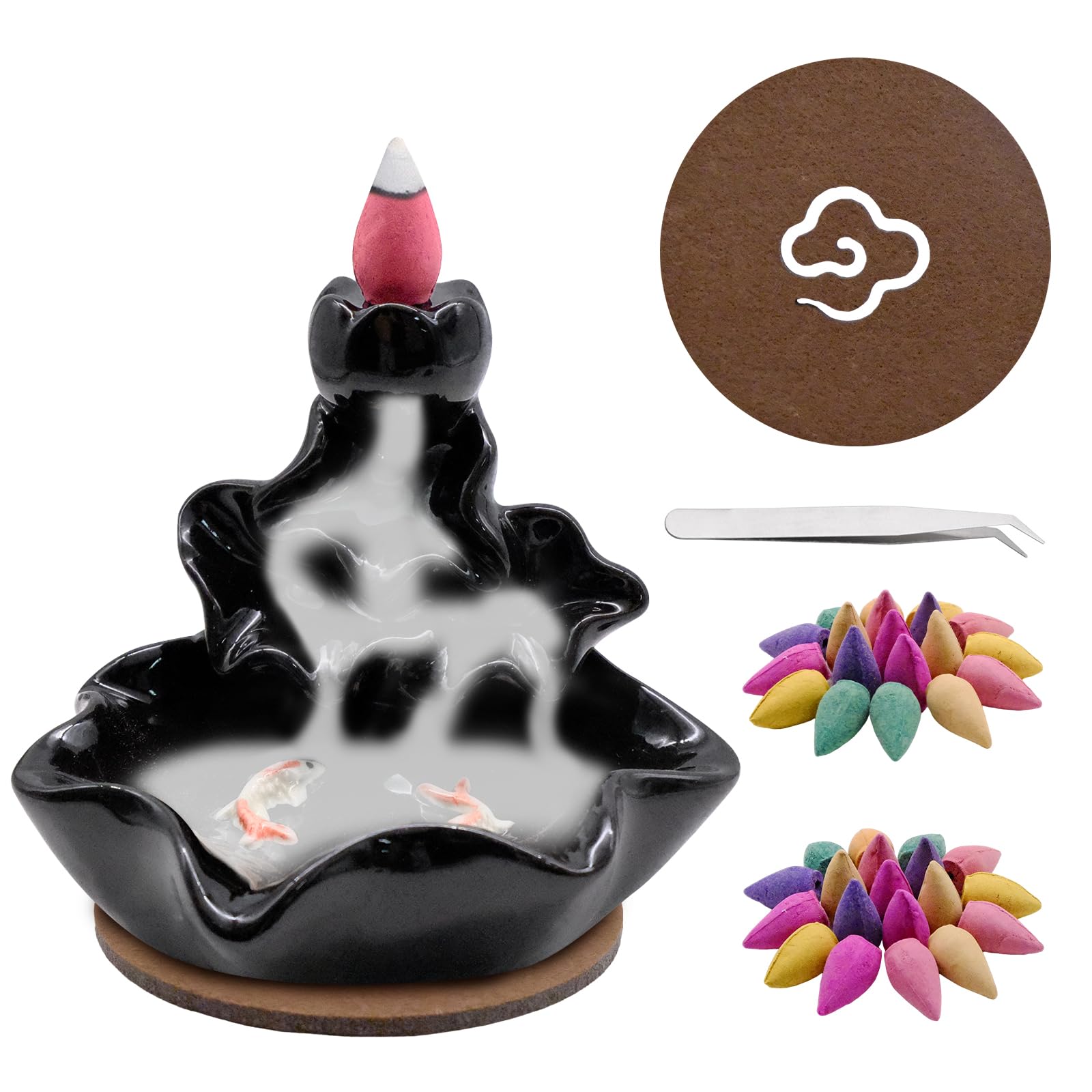Griwuut Waterfall Backflow Incense Burner, Ceramic Incense Cone Holder for Meditation, Relaxation, Purification and Yoga Gifts with 60 Cones, Tongs and a Table Mat