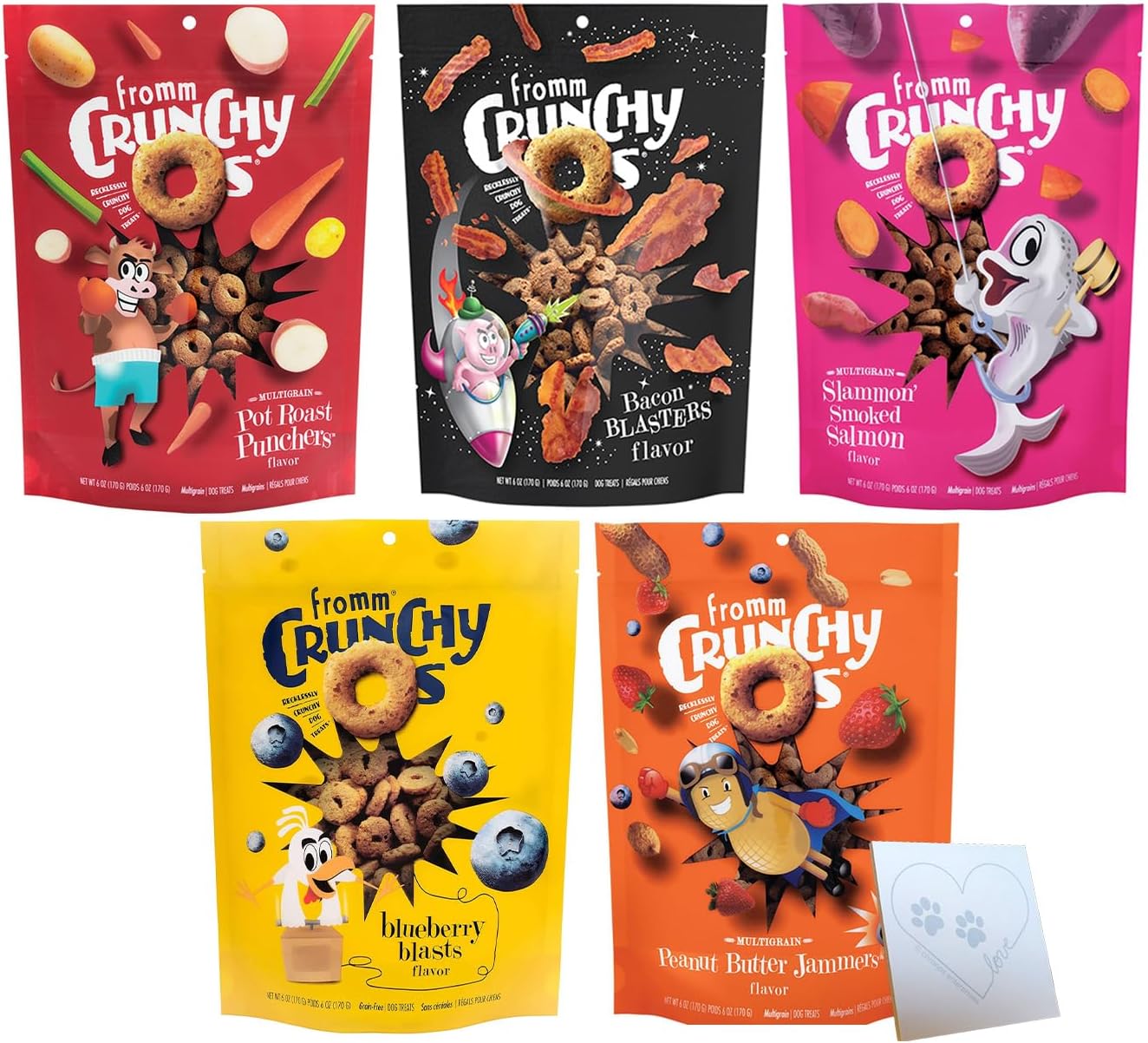 Variety Pack for Fromm-Crunchy O's Premium Crunchy Dog Treats - 5 Delicious Flavors: Peanut Butter, Blueberry, Pot Roast, Bacon, and Salmon (6oz Each, 30oz Total)