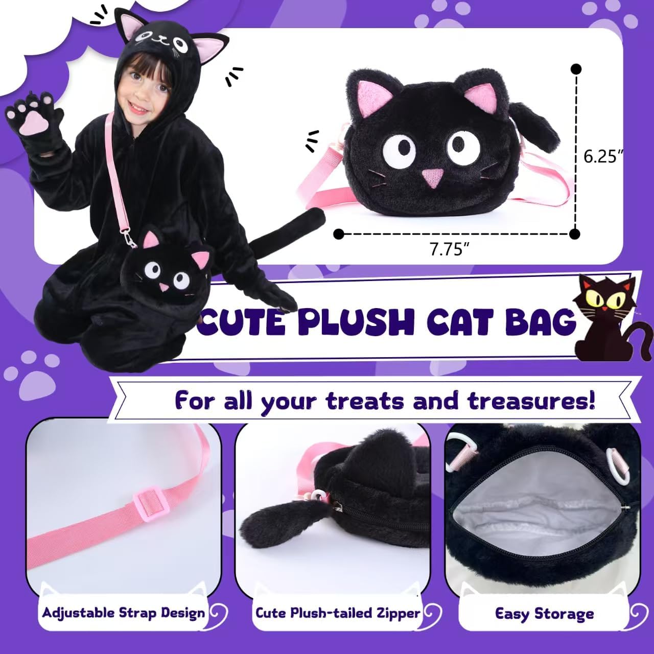 Cat Costume for Kids with Bag, Black Cat Halloween Costumes for Girls Animal Onesie Dress Up - Image 5
