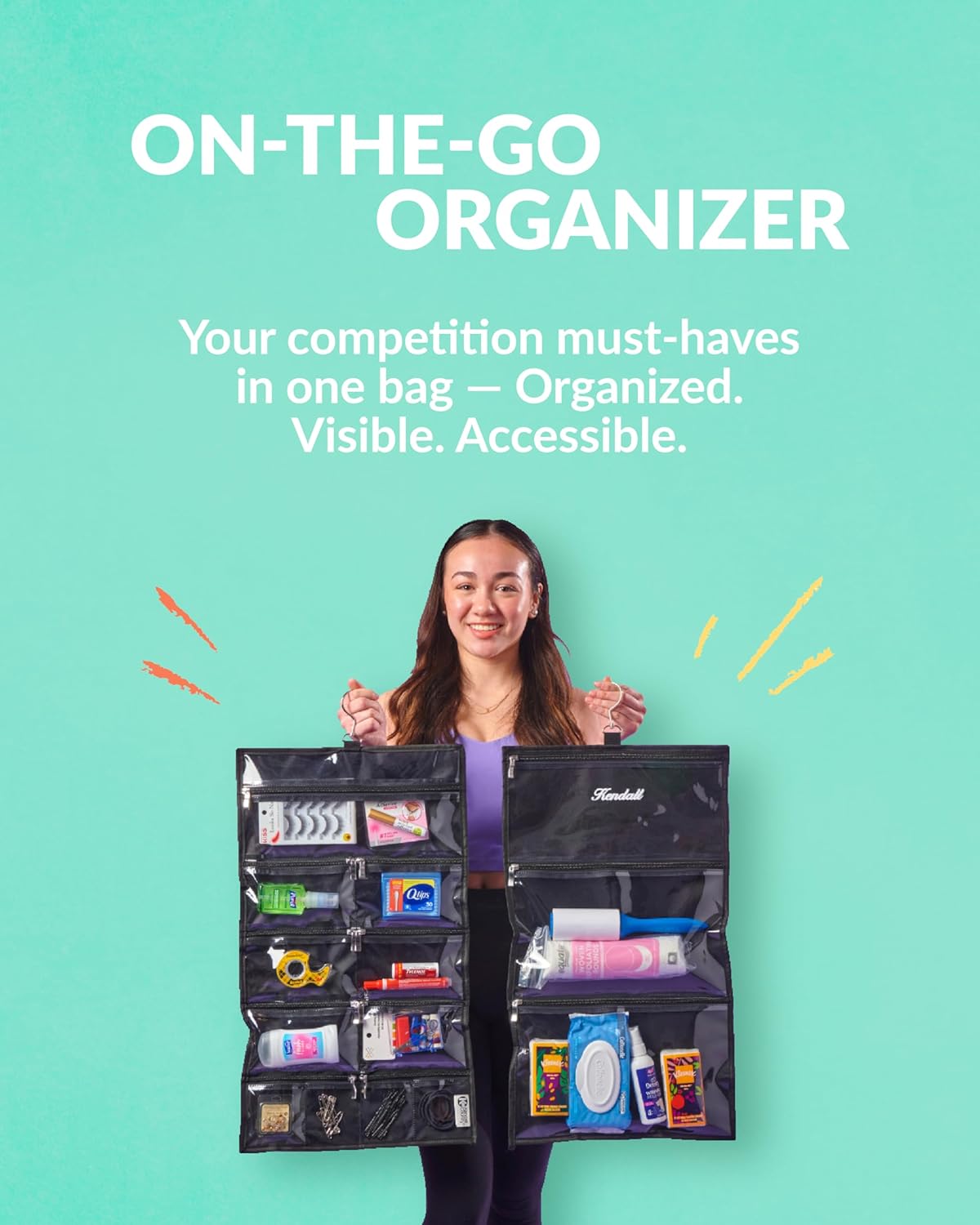 On-The-Go Organizer, 14 Clear Vinyl Pockets, Hanging Travel Case for Makeup and Accessories, 13.5 x 24 inches (Seafoam, Large)