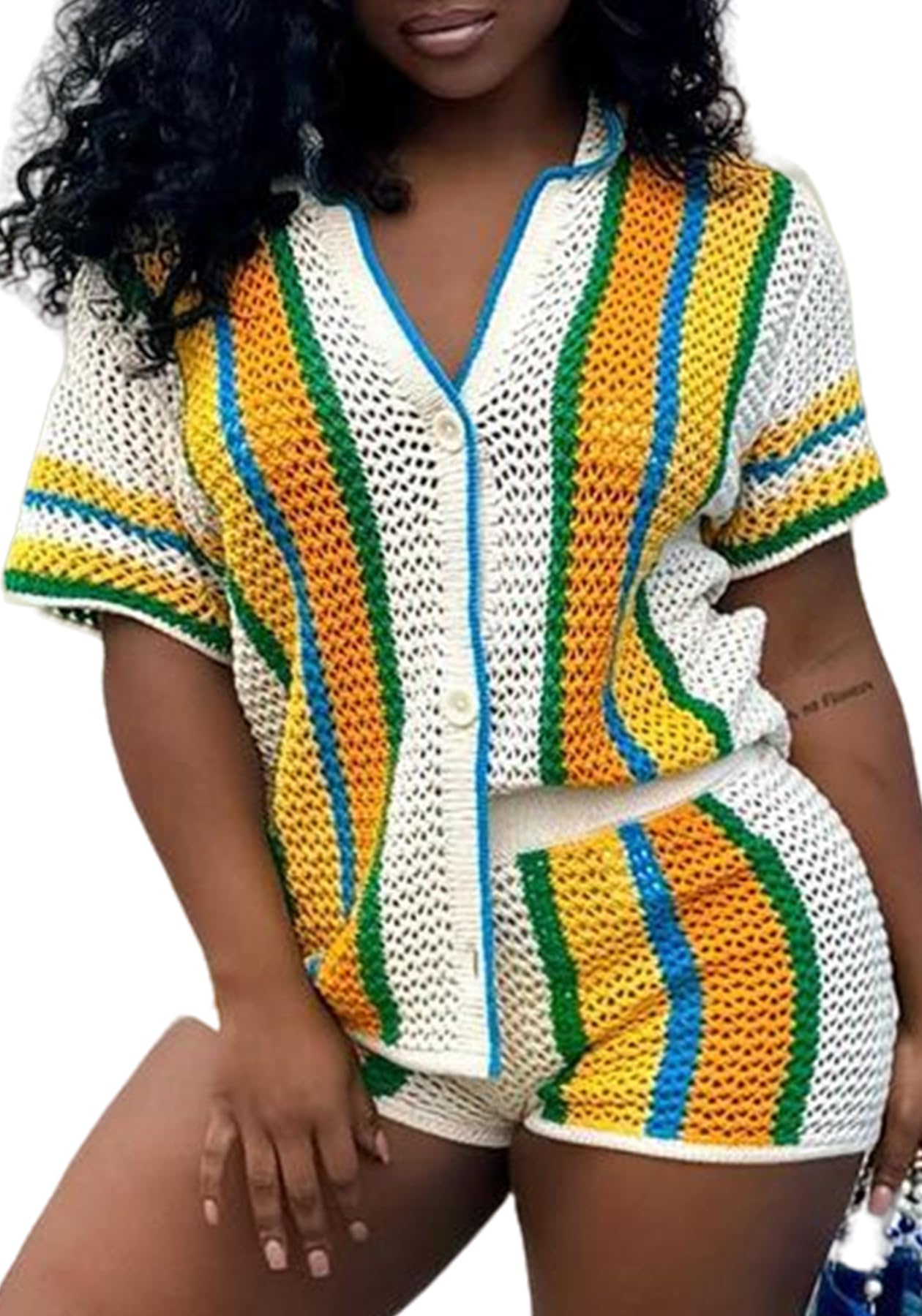 Unybwoon - Set di 2 pezzi da donna in maglia estiva con bottoni e pantaloncini trasparenti