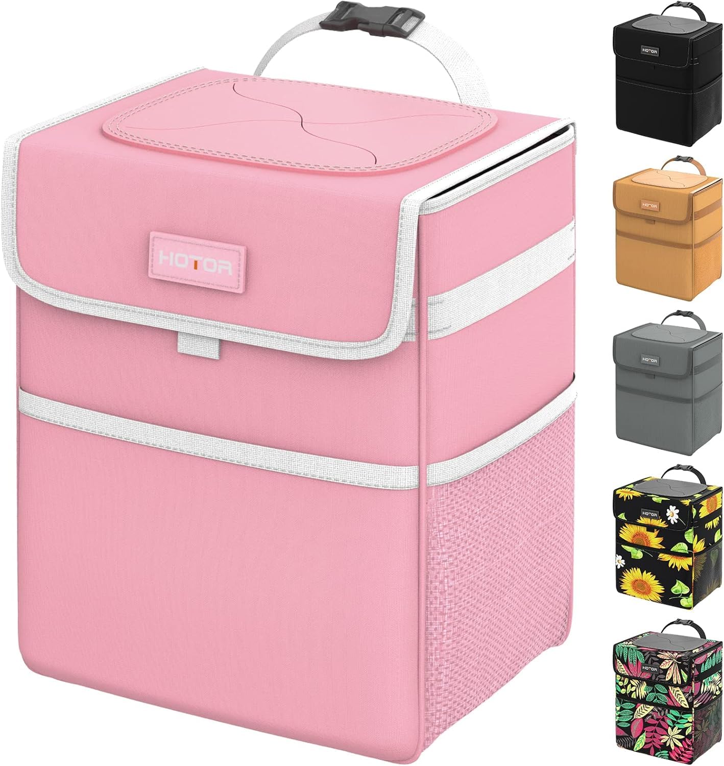 HOTOR Pink Trash Bag Hanging with Storage Pockets, 100% Leak-Proof Garbage Can with Adjustable Straps, Magnetic Snaps, Waterproof Garbage Bin with Lid for Interior Car,Pink