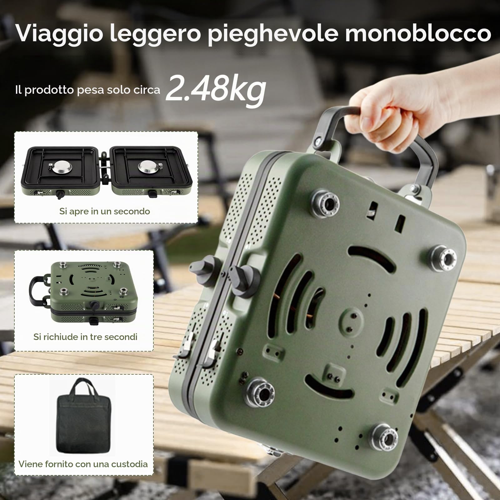 Fornello Campeggio, Fornello A Gas Campeggio 2 In 1 A 2 Fuochi 4400W Portatile Pieghevole Bruciatore Regolabile Con Piastra Grill E Maniglia Tubo Borsa Per Trasporto (Senza Serbatoio)