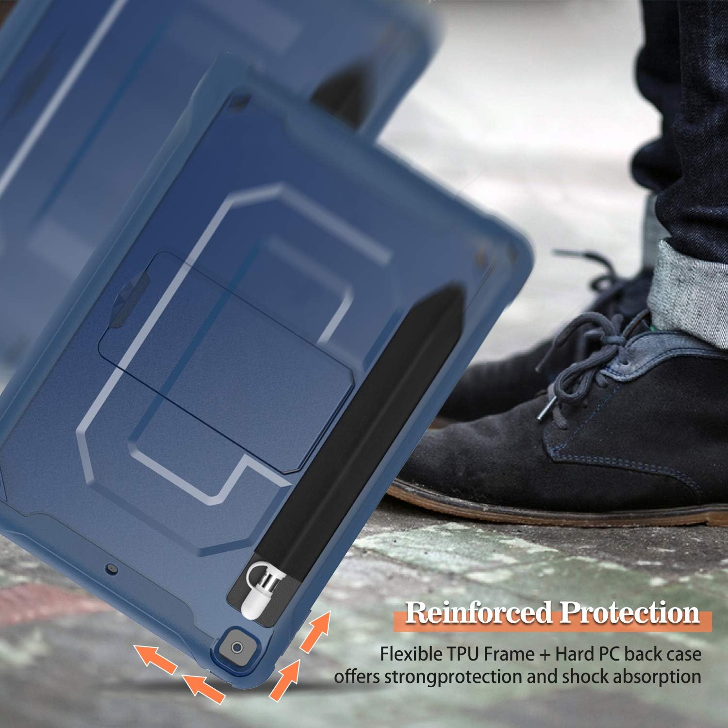 ProCase iPad 10.2 (2021 9th/ 2020 8th/ 2019 7th) Rugged Case with Screen Protector, Shockproof Heavy Duty Full Body Protective Cover with Pencil Holder Kickstand Shoulder Strap -Moroccoblue