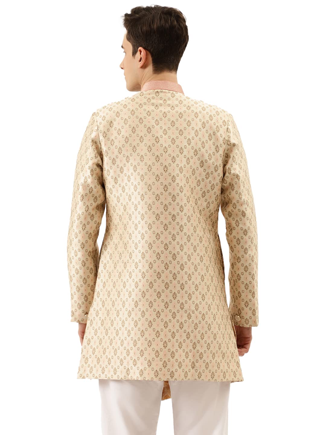 Manyavar Indowestern i Patiala zestaw dla mężczyzn, pełne rękawy, kołnierz mandarynki, mieszanka jedwabiu, Indowesten, 2-częściowy, beżowy