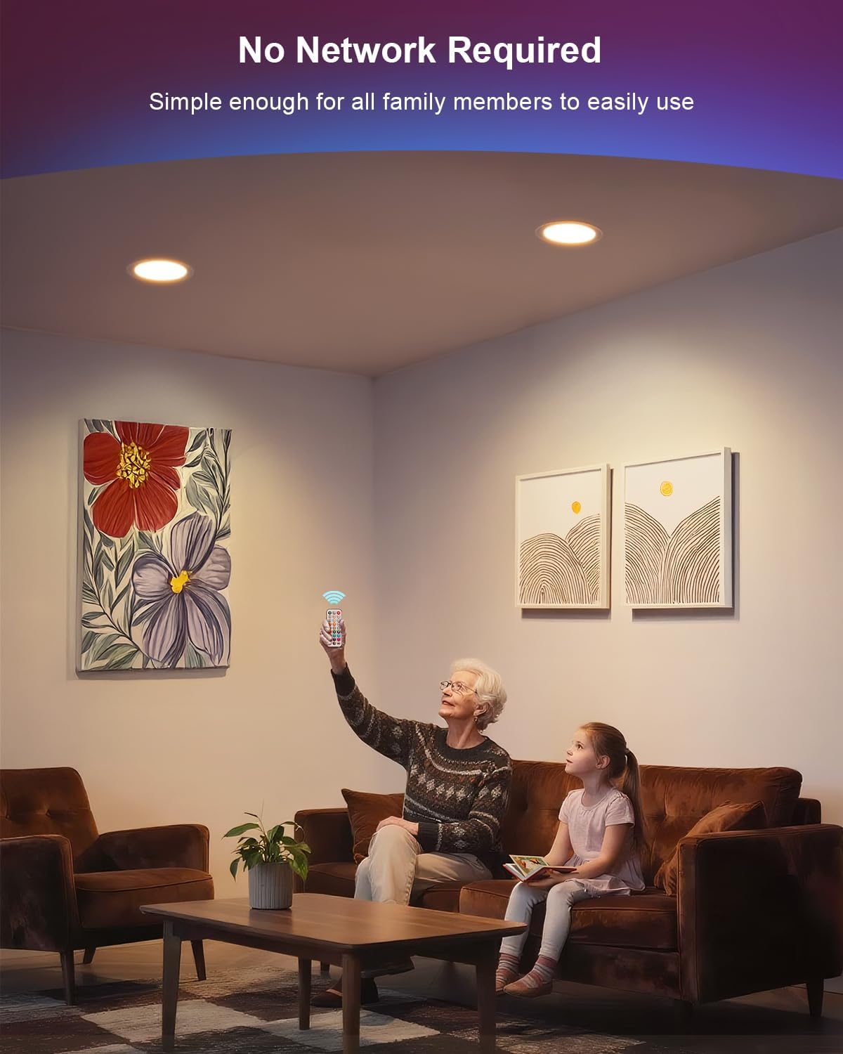 Elderly woman and child easily operating DUSKTEC recessed lights with a remote control
