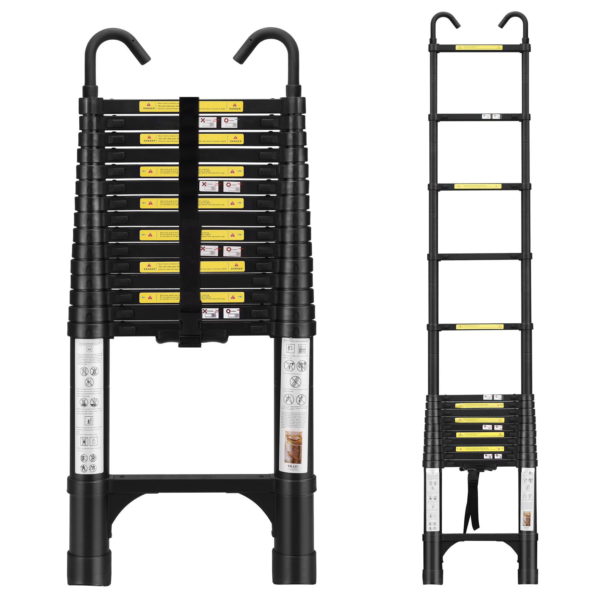 15.5 FT Telescoping Ladder with 2 Detachable Roof Hooks Aluminum Telescopic Extension Ladder with 2 Triangle Stabilizers, Multi-Purpose Collapsible Ladder for Household and Outdoor Working