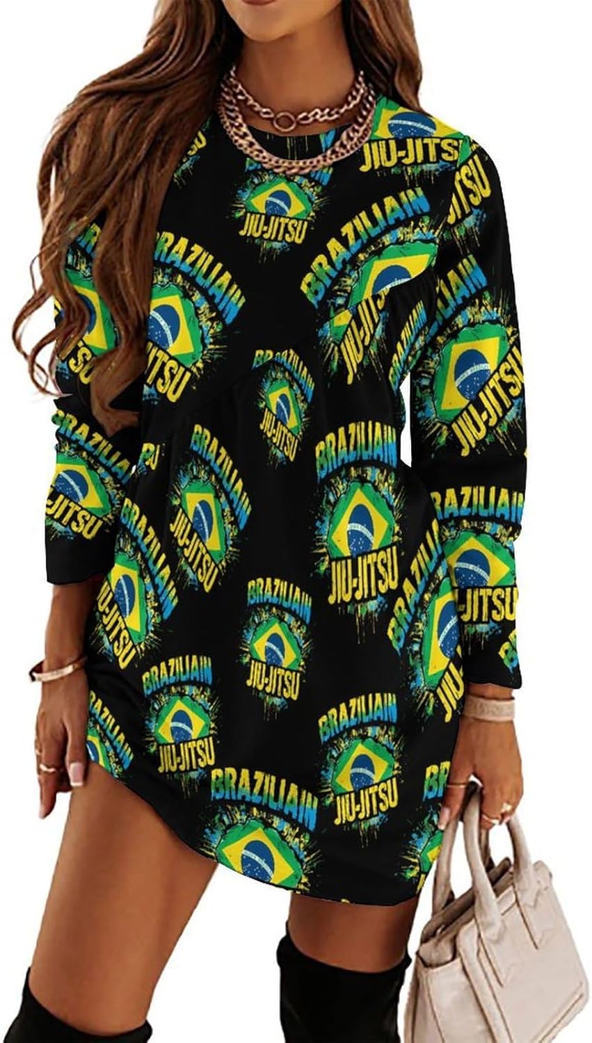 Brazilian Jiu-Jitsu Women's Fleece Sleeve Sweatshirt Dress Long Pullover Casual Dresses