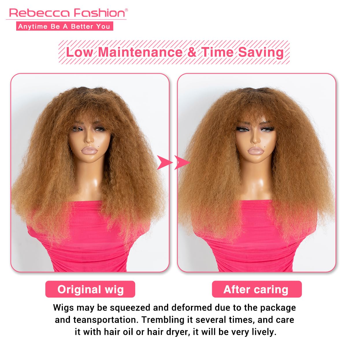 Rebecca Fashion Afro Kinky Curly Wig with Bangs Human Hair Minimalist 2.5x1 Lace Scalp Wig for Women Glueless Wear and Go Wigs Ombre Dark Brown to Honey Blonde Color
