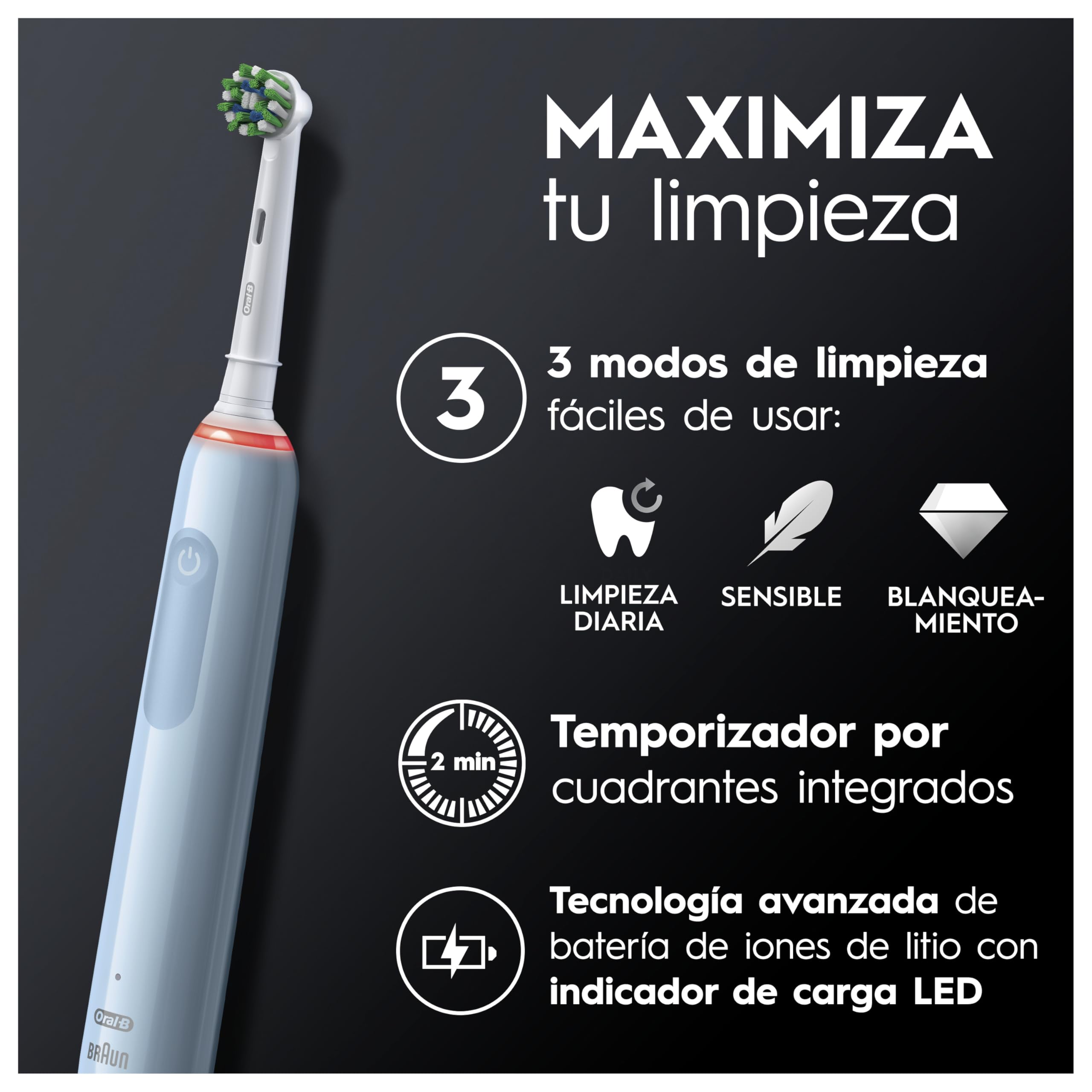 Oral-B Pro 3 3000 Cepillo de Dientes Eléctrico con Mango Recargable y 2 Cabezales, Diseñado por Braun, Regalos Originales para Mujer y Hombre - Azul