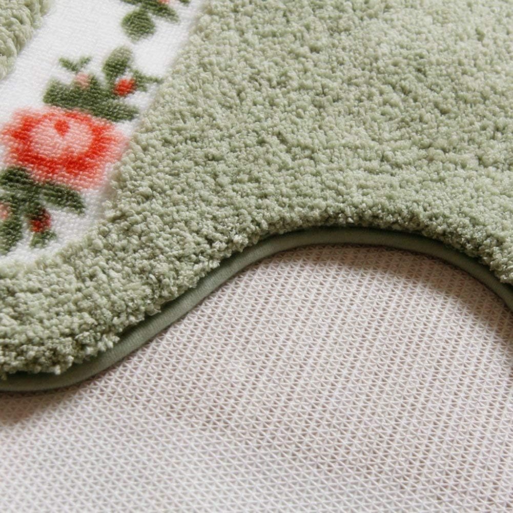 UKELER Non-Skid Floral Rose Bathroom Contour Rugs, Set of 2 Soft Shaggy Non Slip Bath Shower Mat and U-Shaped Toilet Floor Rugs, Green