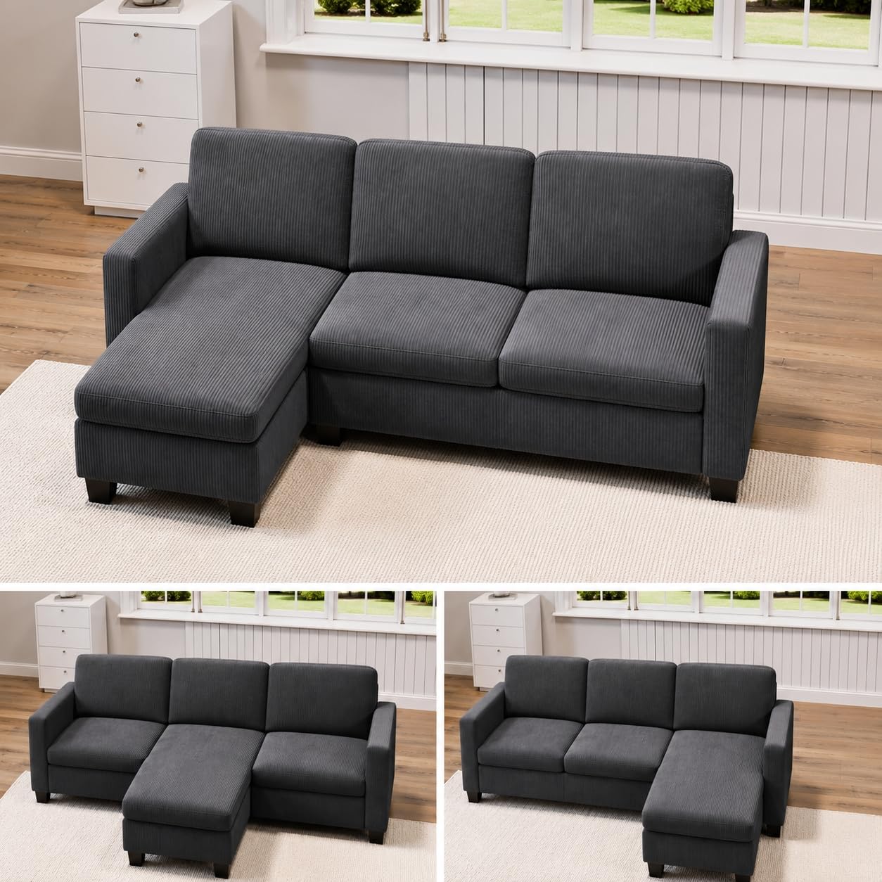 Xbro Ecksofa, Eckcouch L-Form Sofa Mit Ottomane, 3-Sitzer Wohnzimmer Sofa Für Kleine Räume, Modulare Chaiselongue, Cordbezug, Ergonomische Polsterung, 188 x 136,5 x 89 cm, Dunkelgrau