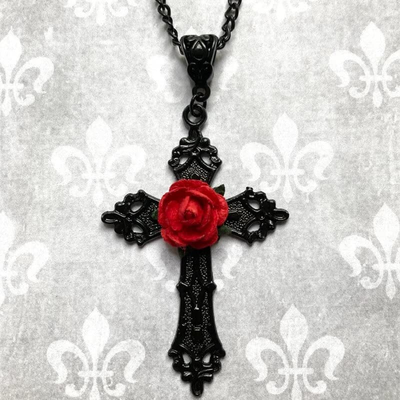 Mabor Collana Gotica Con Ciondolo A Cuore Rosa E Rosa Nera – In Lega Di Zinco, Catena Regolabile, Accessorio Grunge Emo - 3