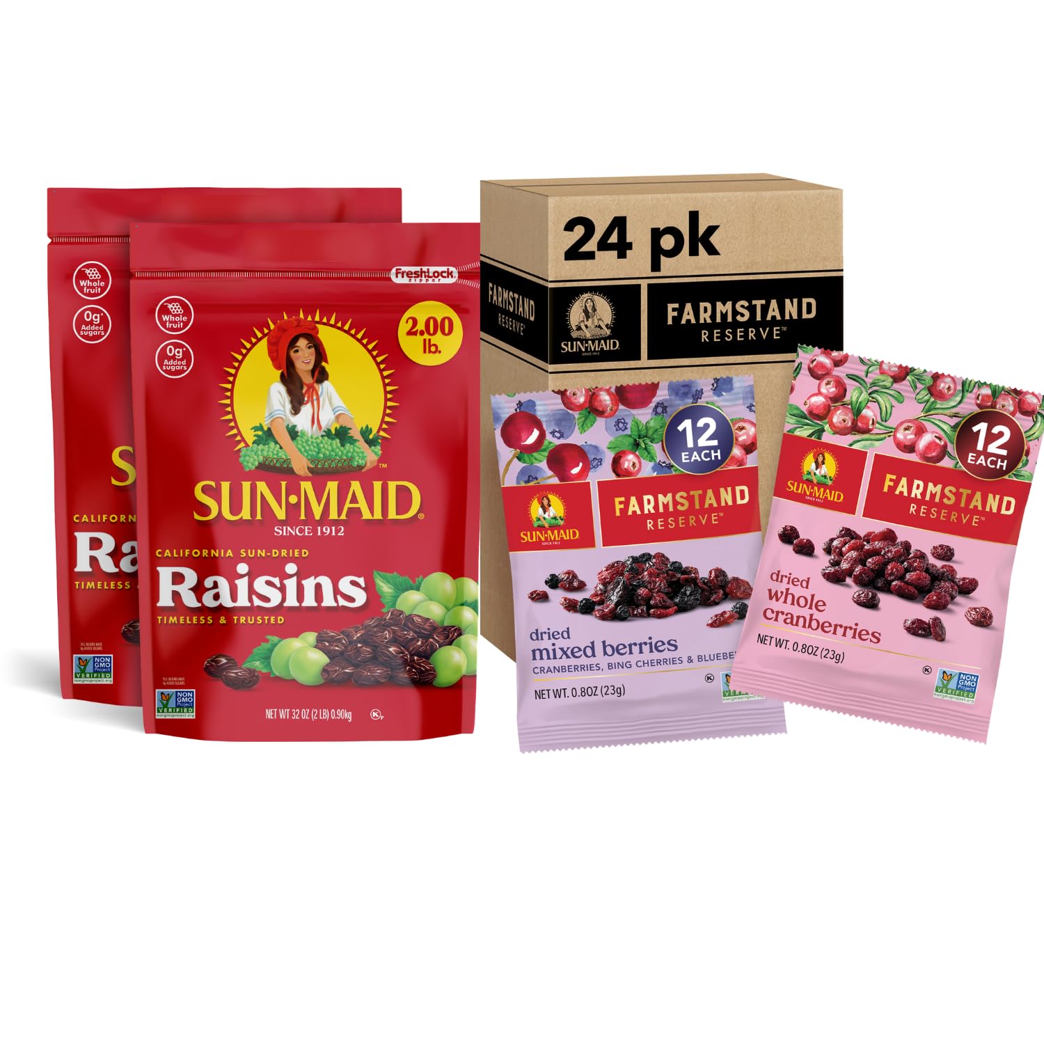 Sun-Maid Bundle California Sun-Dried Raisins (2 Pack) 32 oz Resealable Bag + Farmstand Reserve (24 Count Variety Pack) 0.8 oz Snack Bag, Whole Cranberries and Mixed Berries