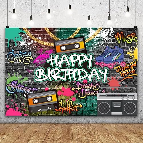 Miniatura 4 de AOFOTO Telón de fondo de feliz cumpleaños de 7 x 5 pies, 80 y 90, tema de regreso a los 80, 90, Hip Hop, Rock Bday, Graffiti, pared de ladrillo,