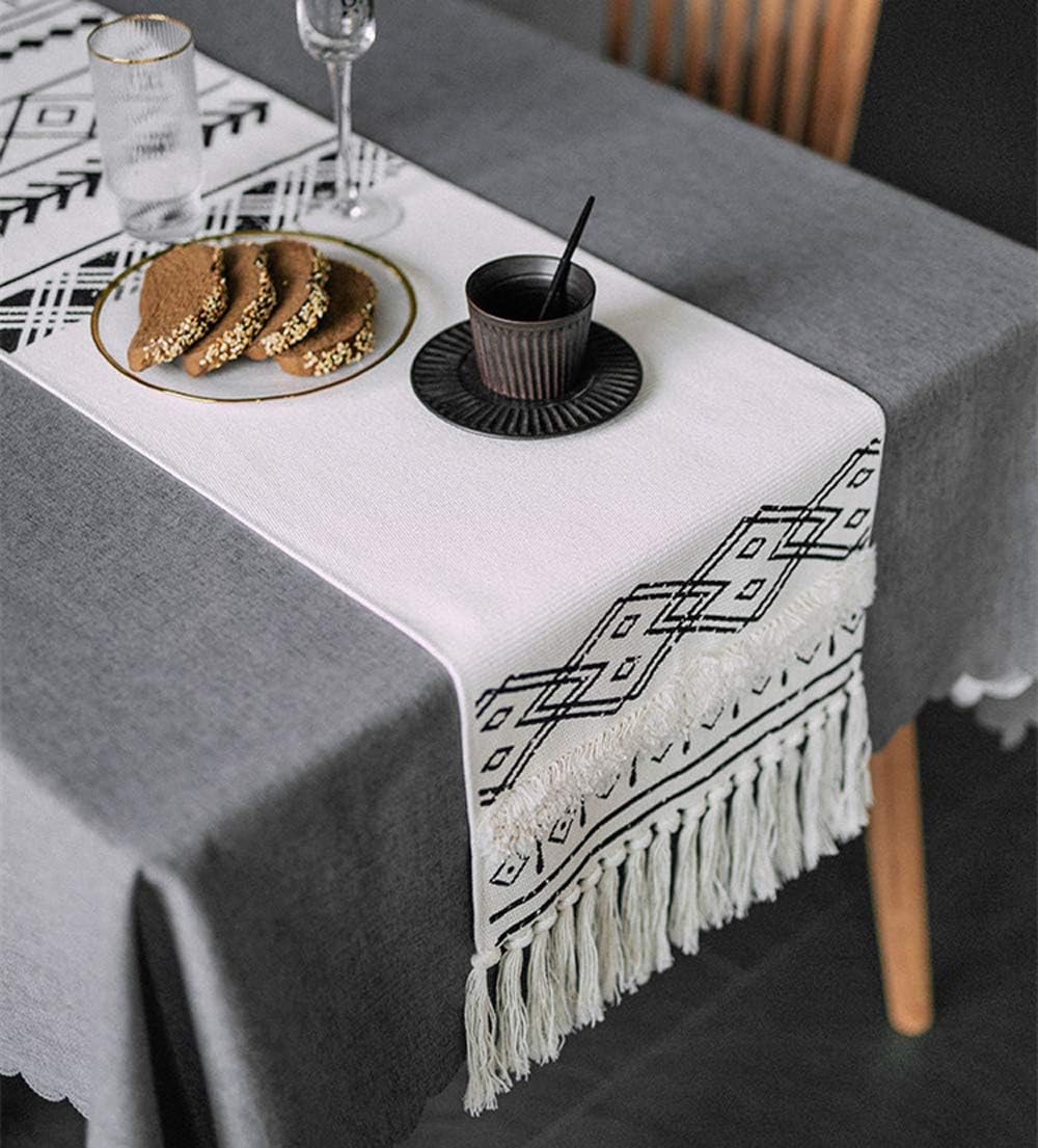 Moroccan Fringe Table Runner 14 in x 87 in, KIMODE Farmhouse Bohemian Geometric Cotton Handmade Woven Tufted Tassels Dinning Table Linen Machine Washable Minimalist Home Decorative, Black and White