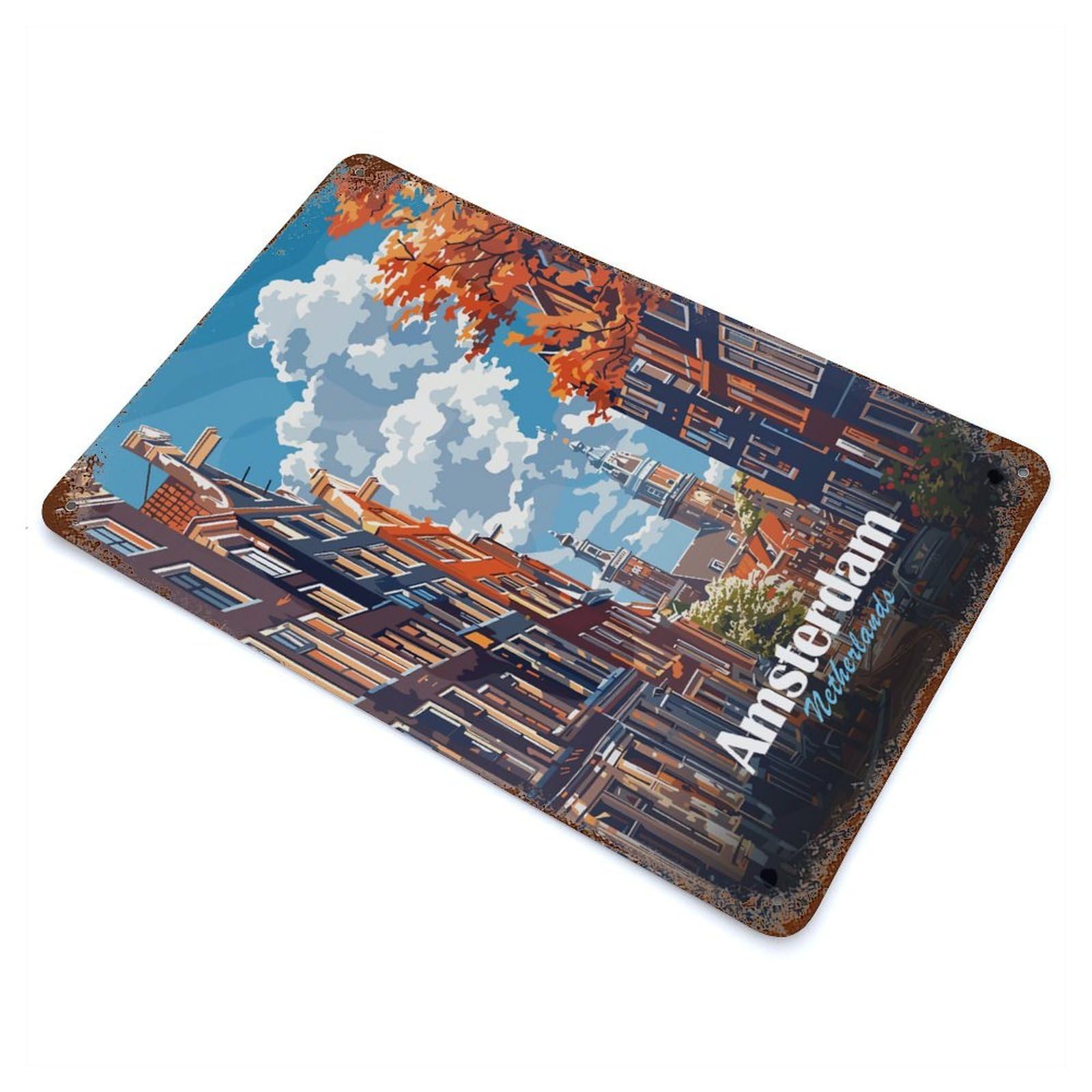 Amsterdam Netherlands Cityscape Art Rusty Metal Tin Sign 11.8"x7.9", for Pub, Kitchen And Man Cave Decor, Farmhouse Wall Decor