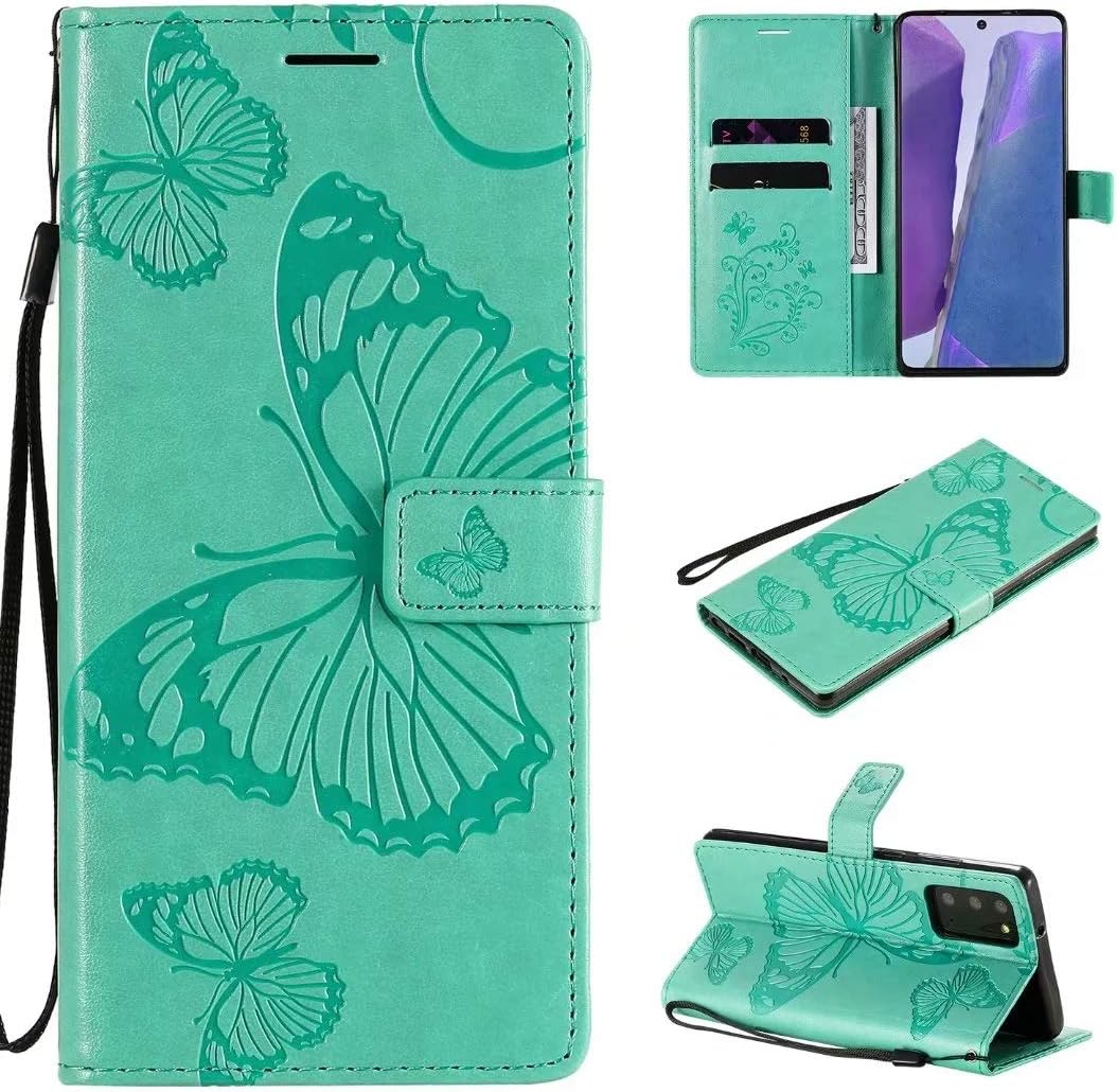 ARSUE for Samsung Galaxy S20 FE 5G Case,Wallet Folio Flip Case W/Kickstand/Wrist Strap Cash Credit Card Slots Holder Slim PU Leather Magnetic Clip Shell Phone Cover for Girls Women,Butterfly Mint