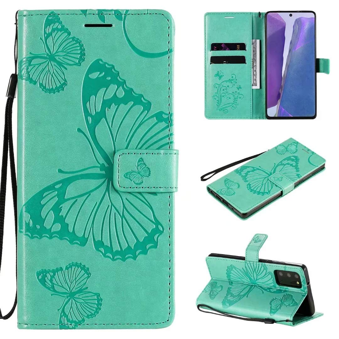ARSUE for Samsung Galaxy S20 FE 5G Case,Wallet Folio Flip Case W/Kickstand/Wrist Strap Cash Credit Card Slots Holder Slim PU Leather Magnetic Clip Shell Phone Cover for Girls Women,Butterfly Mint