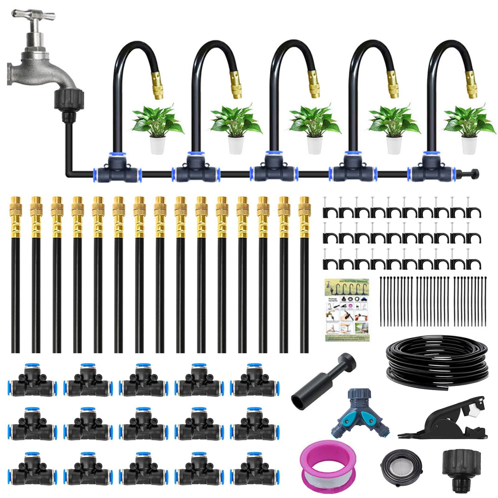 49Ft/15M Drip Irrigation System Kit, 360° Adjustable Micro Spray Sprinkler Kit, Bendable Automatic Garden Watering System, Nozzle Copper Sprayer Sprinklers, Atomizing System, Greenhouse Accessories