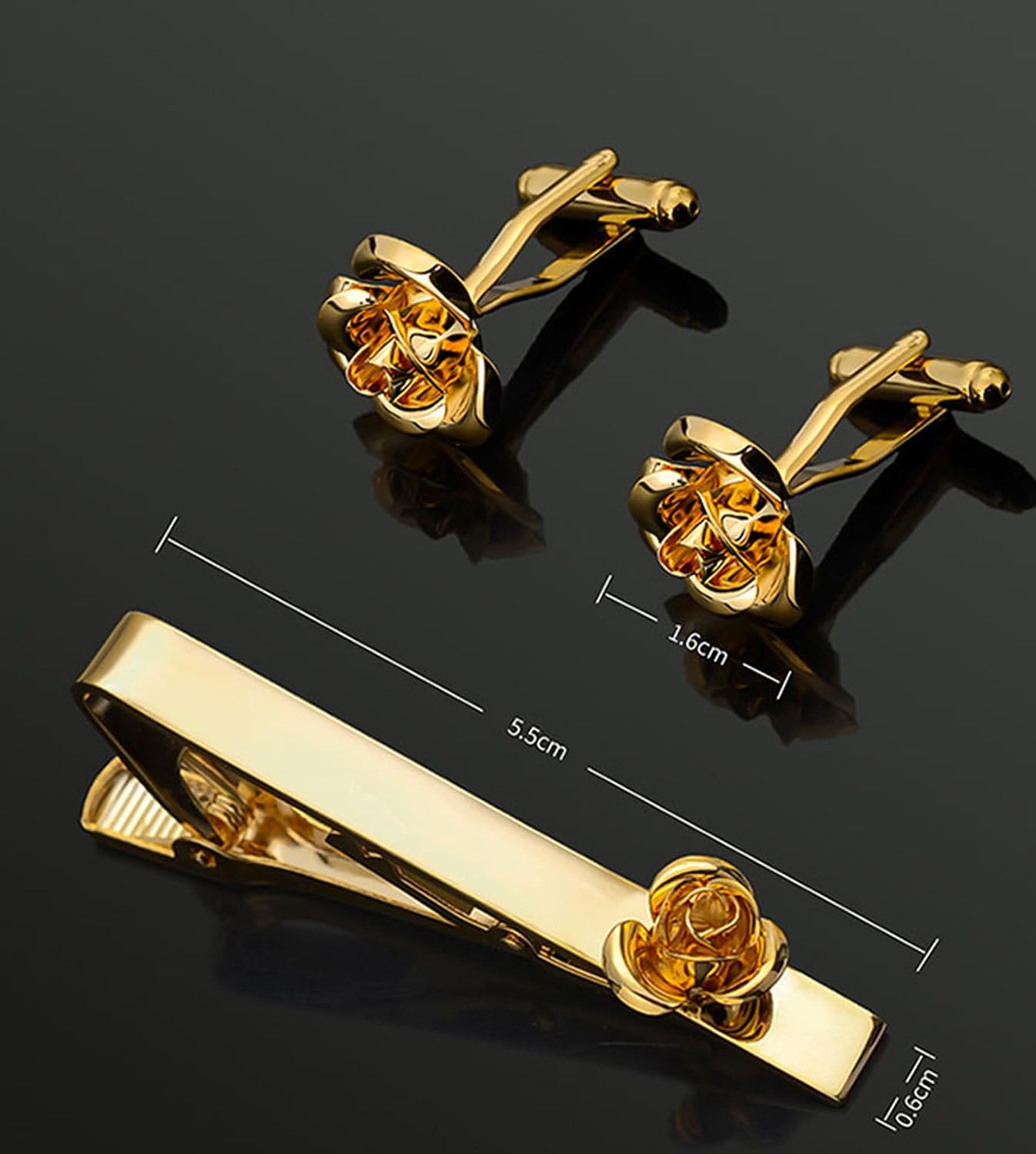 Unique Rose Flower Cufflinks and Tie Clip Set for Men Regular Necktie