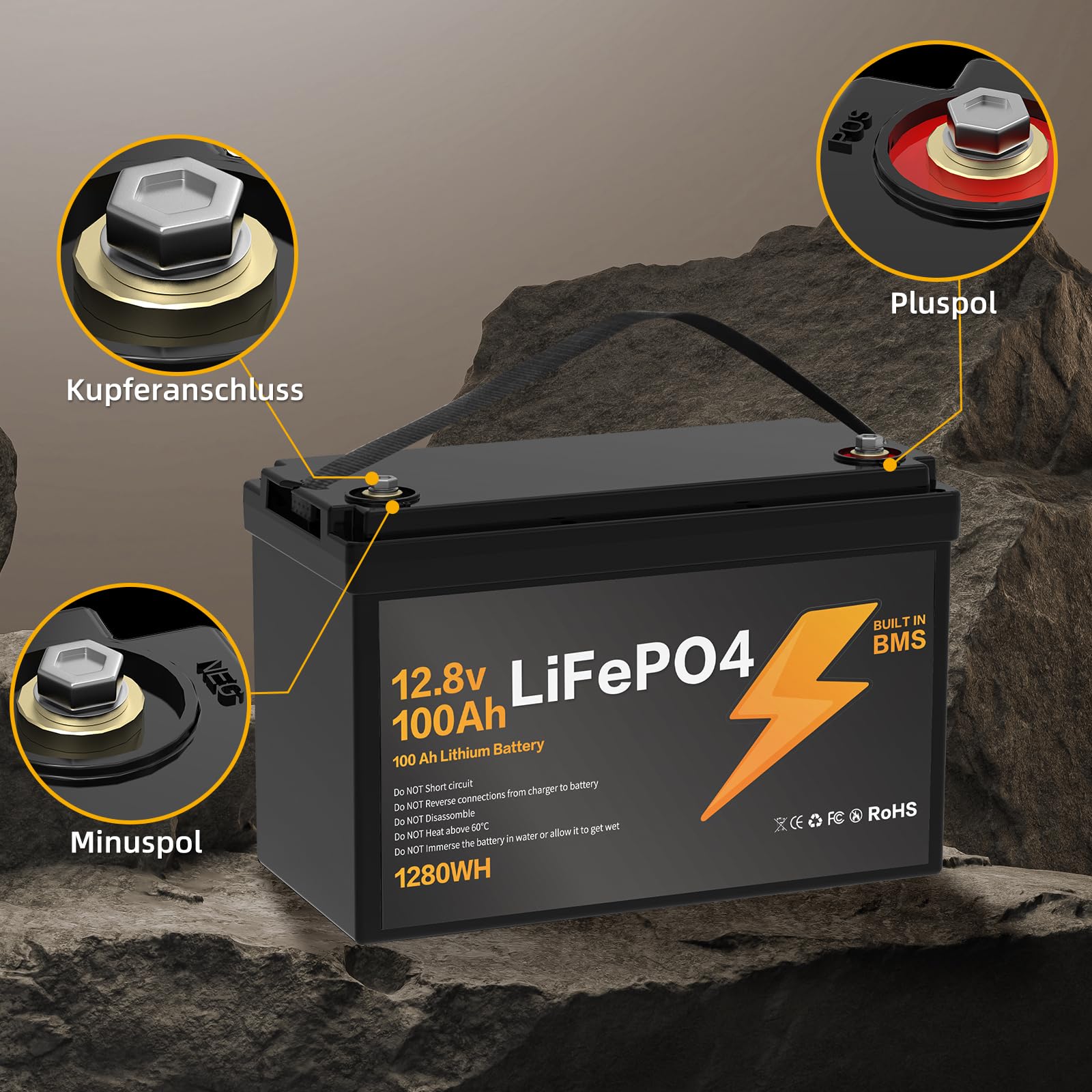 12V 100Ah LiFePO4 Battery, Lithium Battery 1280Wh with 100A BMS, Deep Discharge Proof with Low Temperature Protection IP65, Maximal 4P2S in Reihe und Parallel Schaltbar, 2 Stück