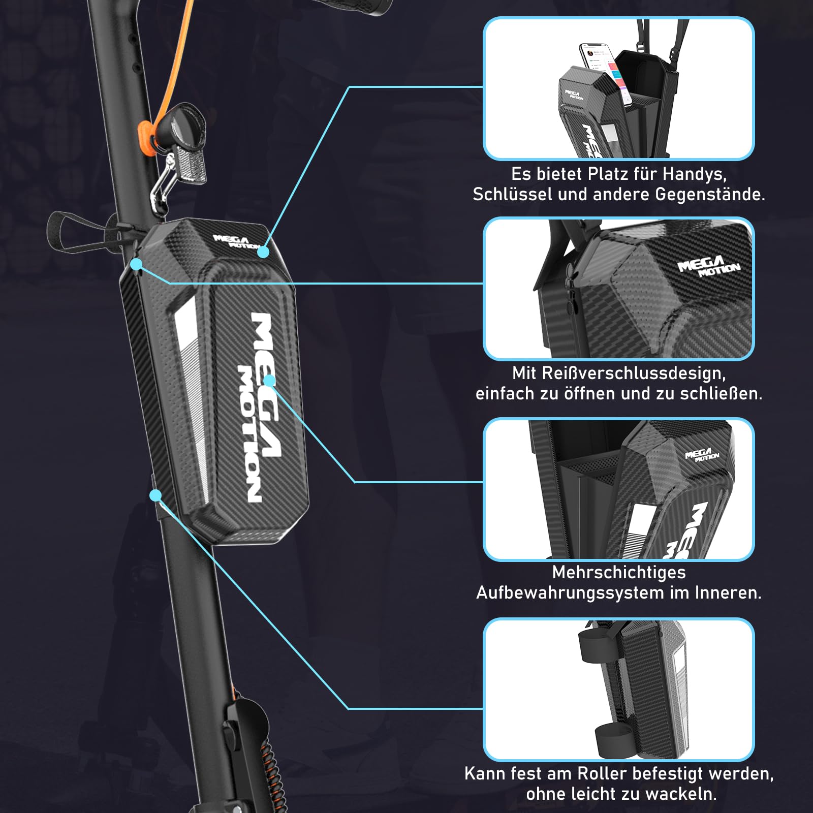 MEGA MOTION Trottinette électrique avec autorisation de circulation routière (ABE) - Pliable - Pour adulte - Portée de 35 km - Pneus de 8,5" - Moteur 400 W et double suspension - Sac de transport et