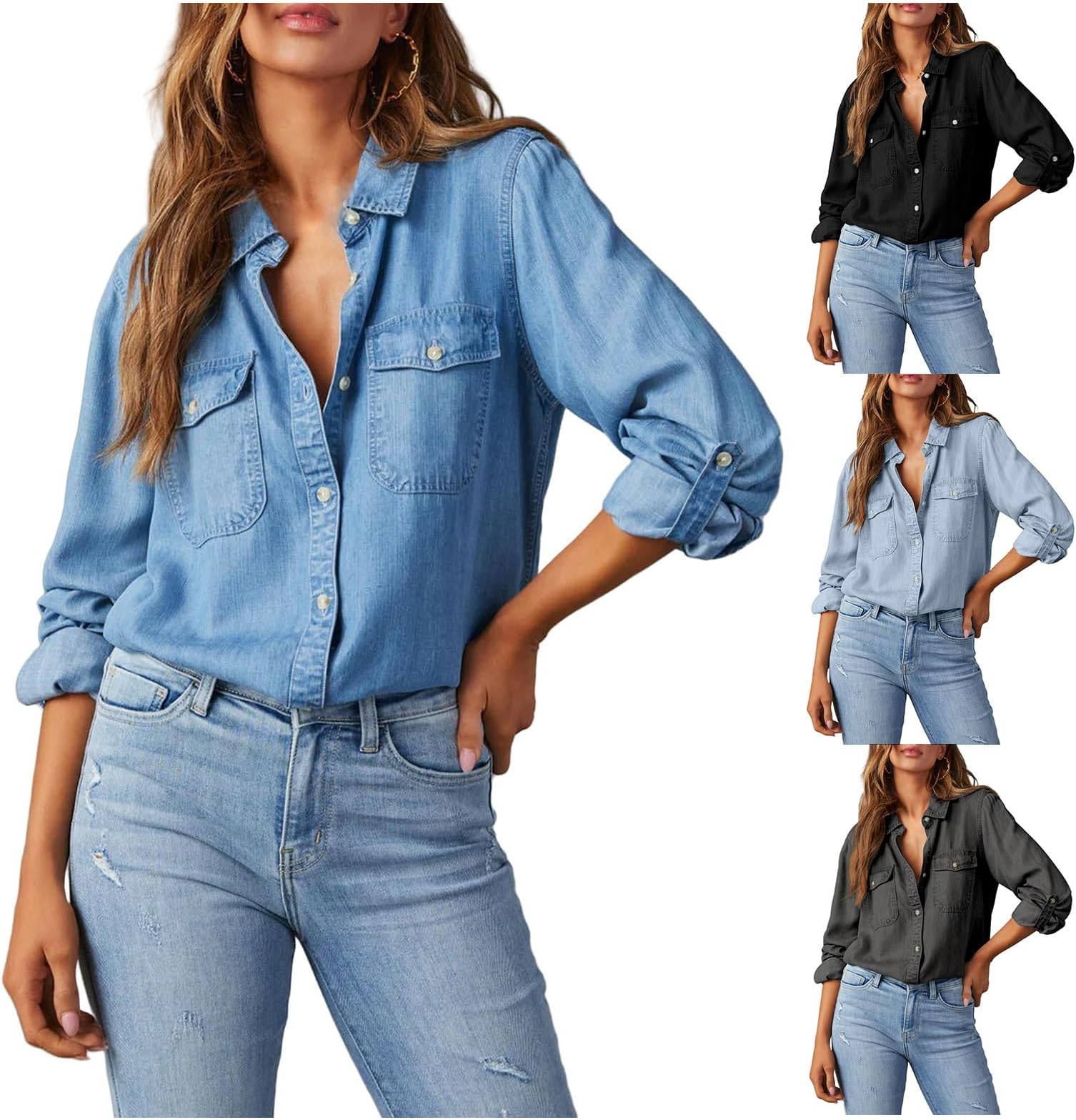 Womens Denim Shirt Button Down Long Sleeve Collared Chambray Blouse Casual Work Top Versatile Lightweight Comfort