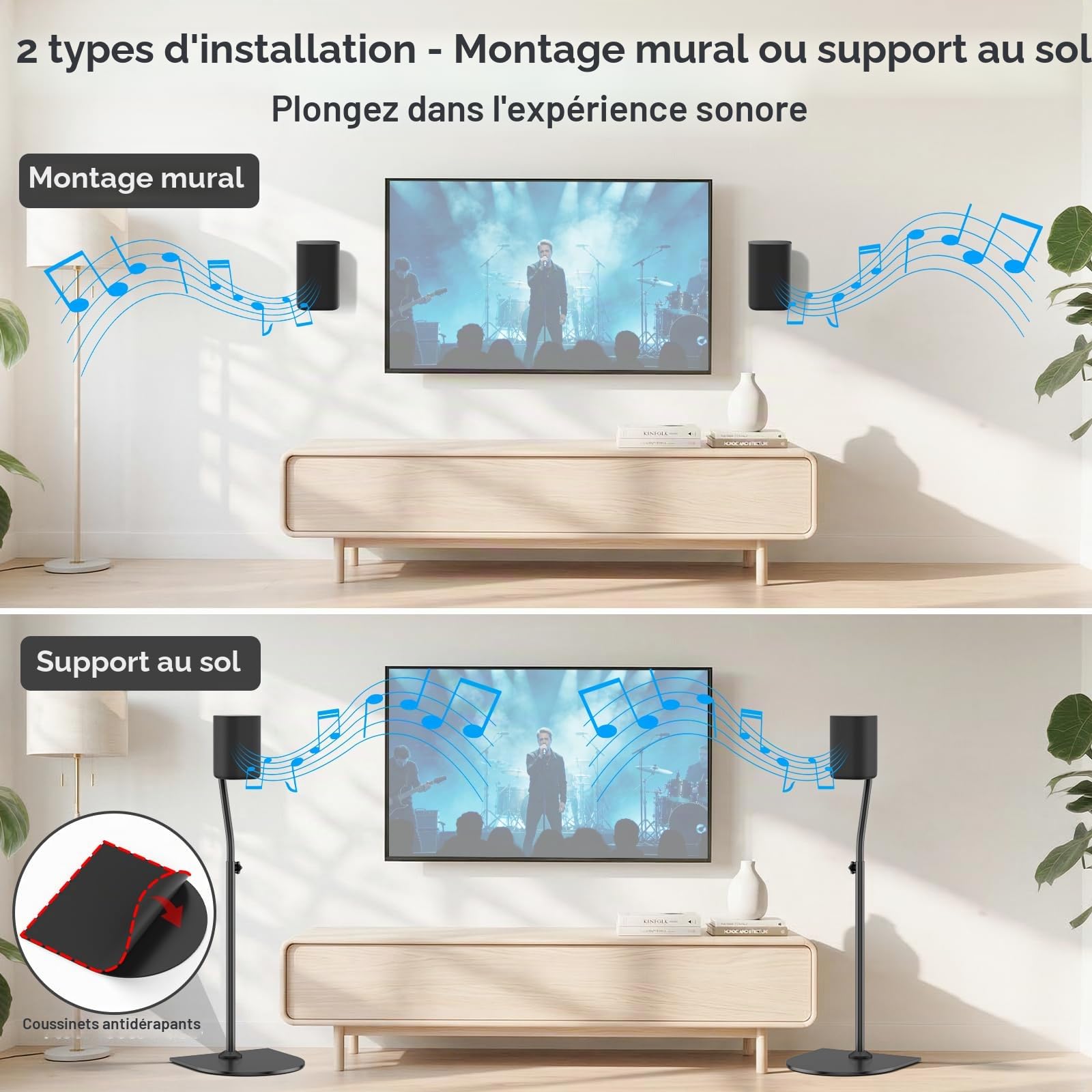 Paire de Pieds d’Enceinte universels, réglables en Hauteur de 84 à 106 cm, avec Fixation Murale pour Les Enceintes arrière et Les Enceintes Surround pour Samsung, Vizio, Bose, LG, Roku