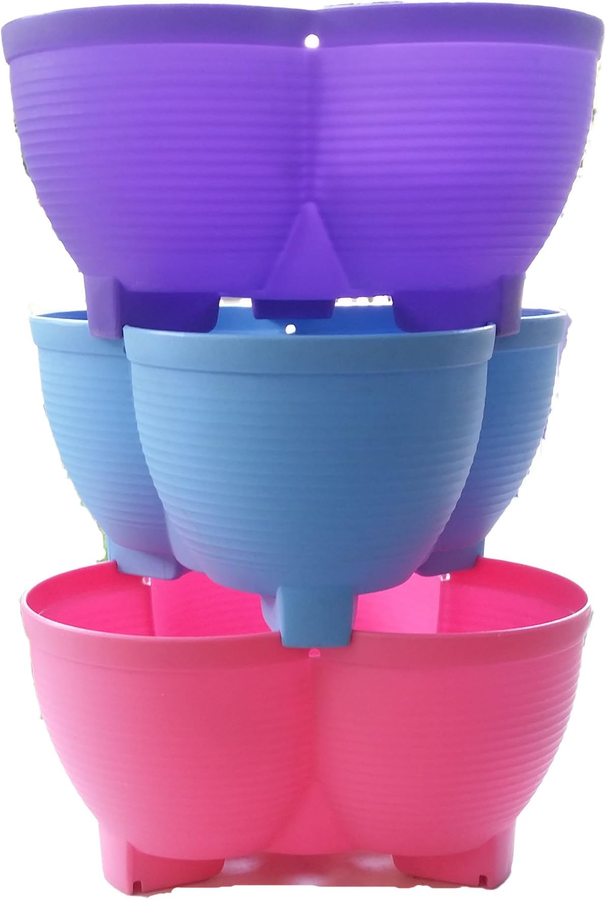 (3-Tiered) Plastic Stacking Planters, Stacking Vertical, Gardening, Stack Pots (Pink)