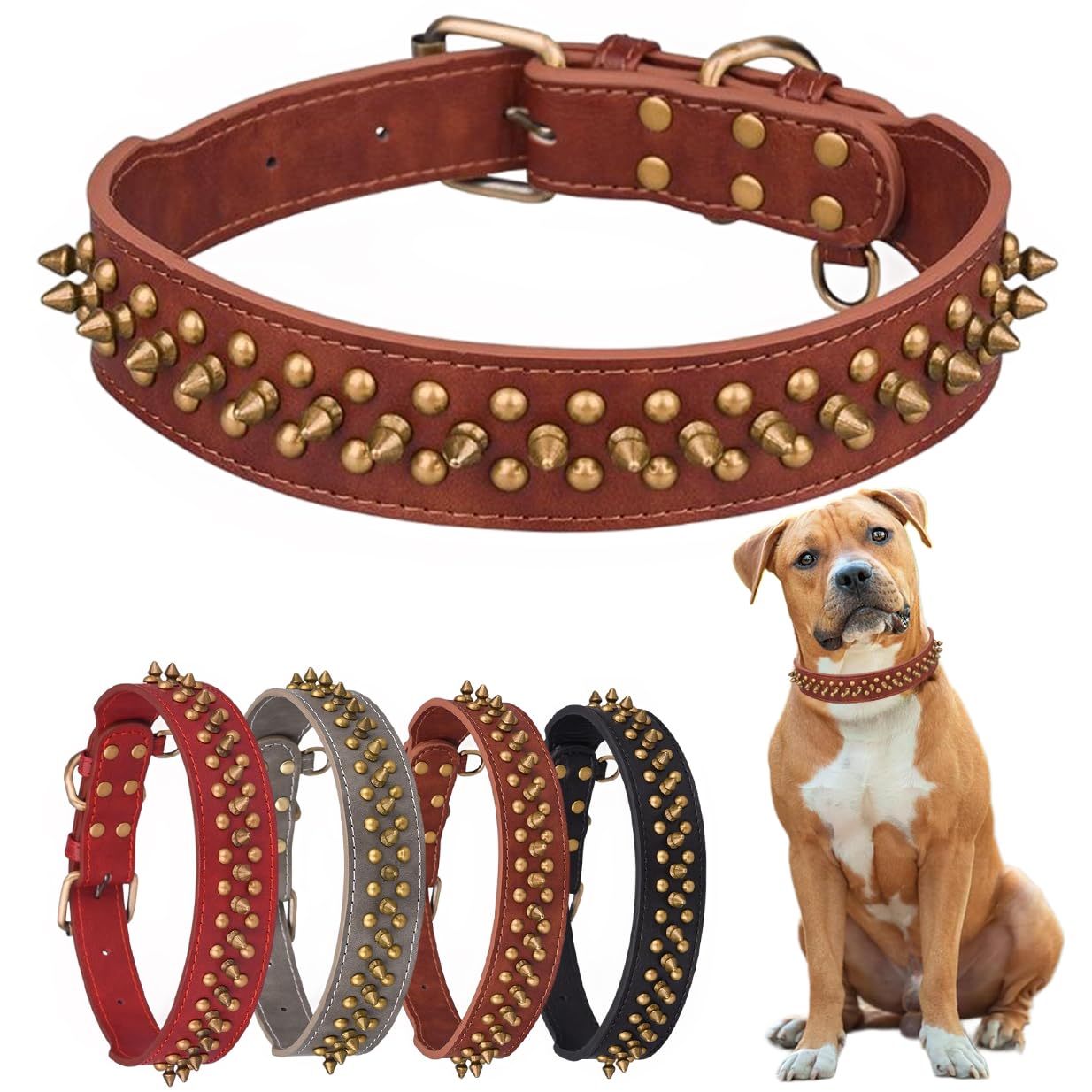 Spiked Dog Collars, Leather Spike Collars with Bullet Rivets, Durable Soft and Adjustable for Small Medium Large Dogs