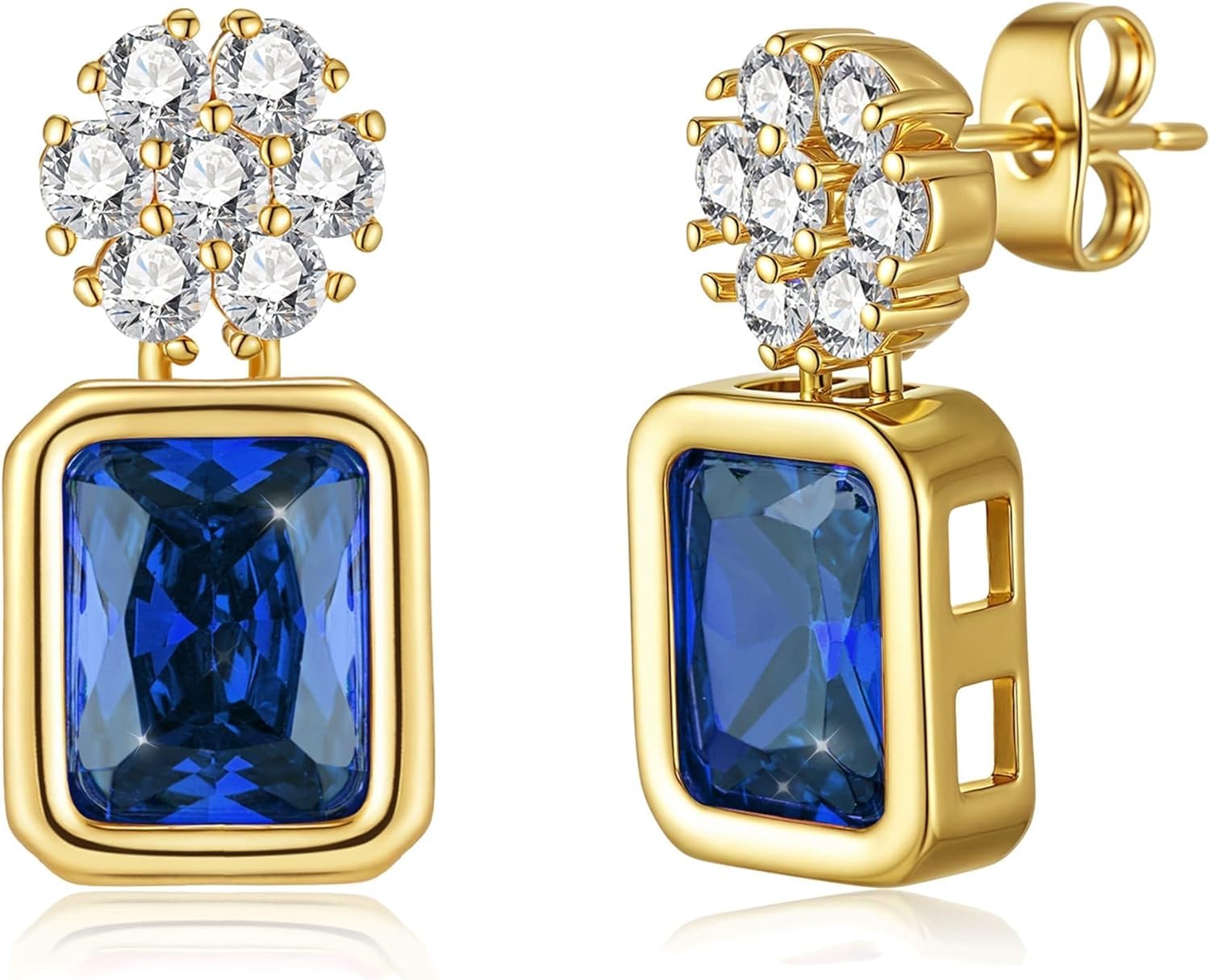 EVEVIC Austrian Crystal Square Drop Flower Studs Earrings for Women 14K Gold Plated Dangle Earring Jewelry Gifts