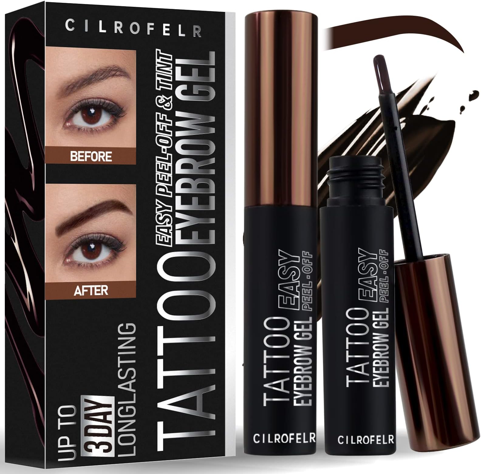 Cilrofelr Tattoo Peel Off Eyebrow Gel Tint, Semi Permanent Tattoo Brow Peel Off Tint Gel, Last Up to 3 Days, Waterproof, Transfer-proof, For Fuller & Defined Looking Brows, Dark Brown (2 Pack)