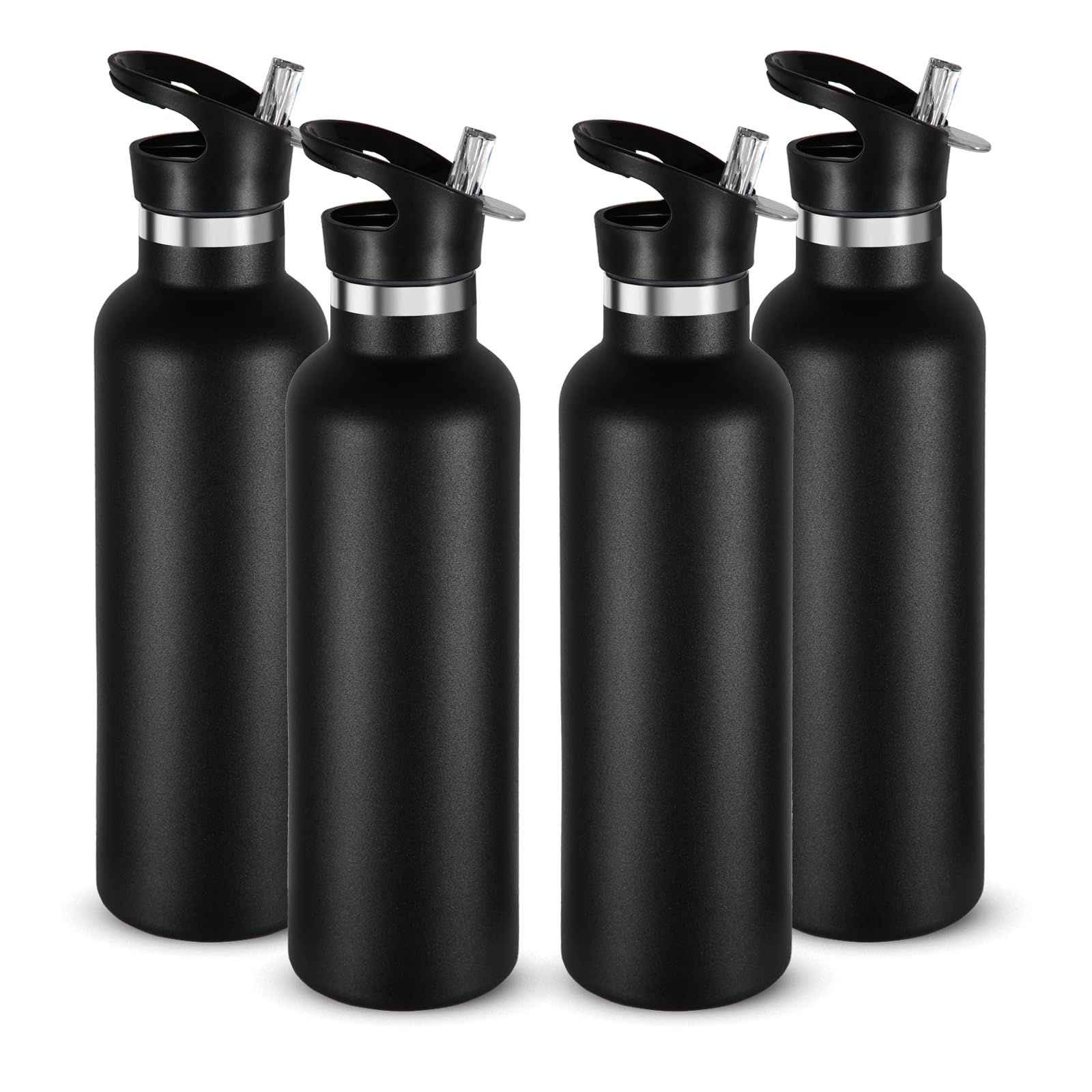 Volhoply 750ml Trinkflasche Edelstahl Vier Packungen,Doppelwandig Vakuum Isolierte Thermosflasche mit Strohhalm,Metall Water Bottle Thermobecher FüR kinder, Sport, Schule, Outdoor(Schwarz,4 Set)