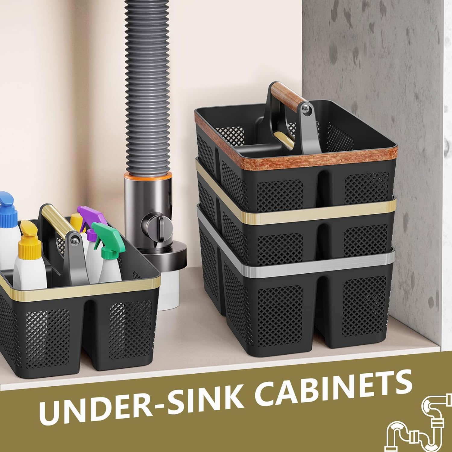 BYUNER Shower Caddy Dorm Men: Plastic Bathroom Caddy Organizer with Handle and Holes, Bath Caddy for College Dorm, Portable Shower Basket Tote for Toiletry, Travel, GYM, Camp Essentials Black/Gold