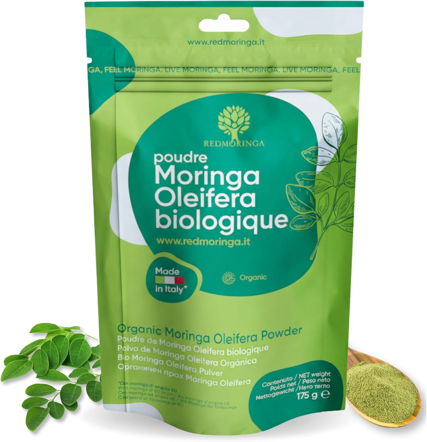 RedMoringa Moringa Oleifera Organic Powder – Plant Protein 30% – Source of Vitamins, Minerals and Amino Acids – Made in Italy 175g