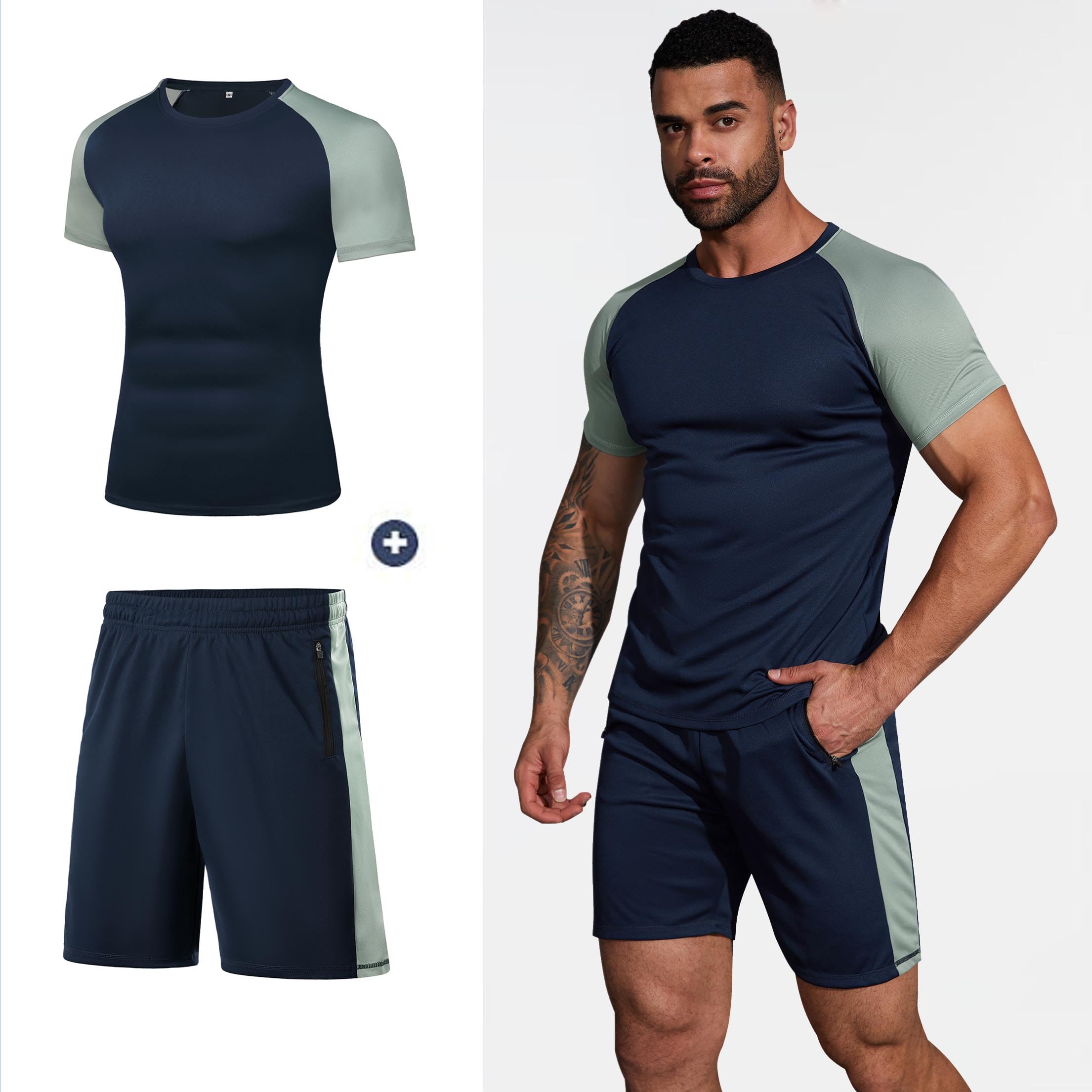 Wayleb Tuta Uomo Completa Set Tute Estiva T-shirt Collo Arrotondato e Pantaloncini, Set Sportivo Palestra da Abbigliamento Uomo Traspirante Tasche e Coulisse S-XXL