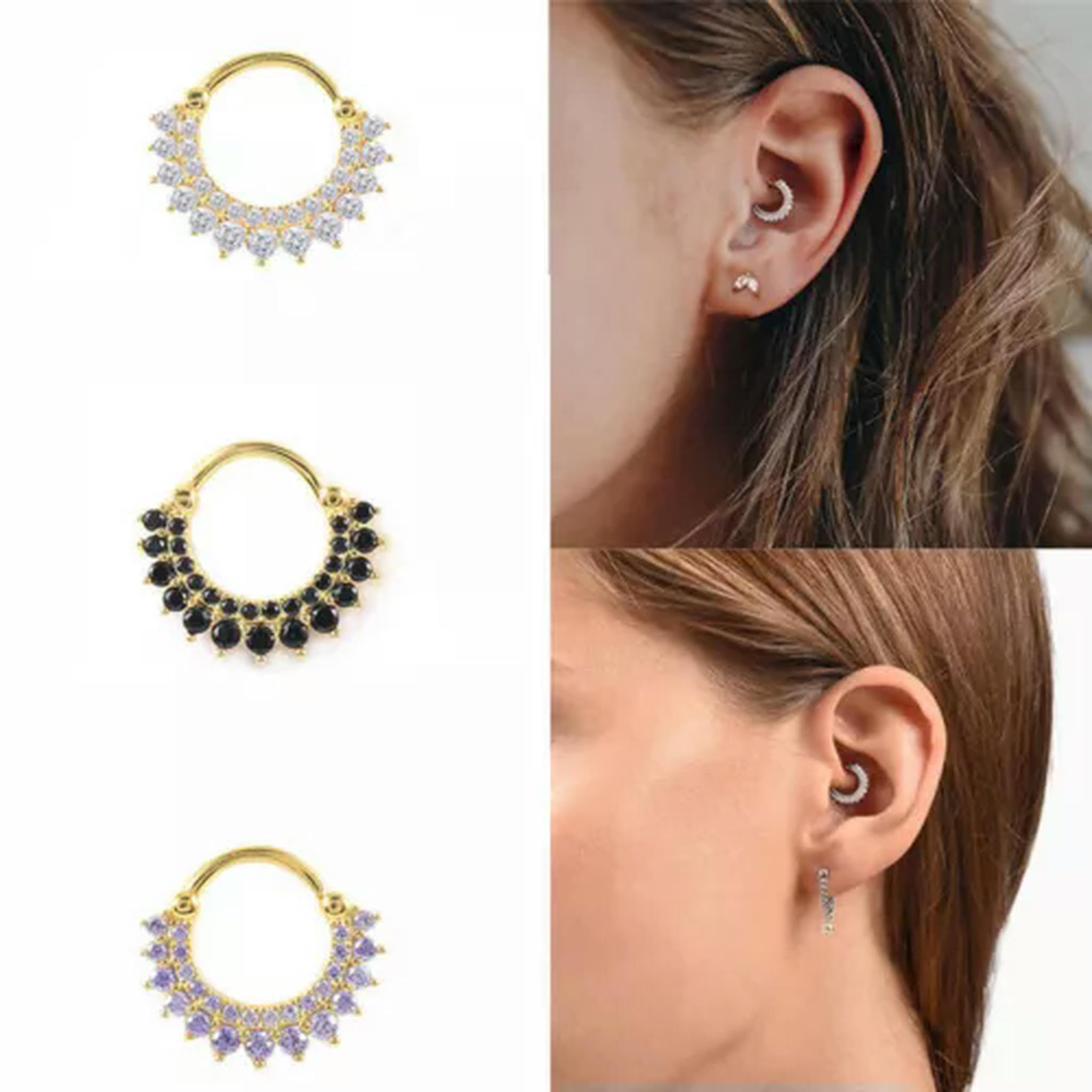 Singolo Daith Hoop Sterling Silver Helix Ring Cartilagine Piercing Orecchino A4492-I - Oro con Pietra Fucsia