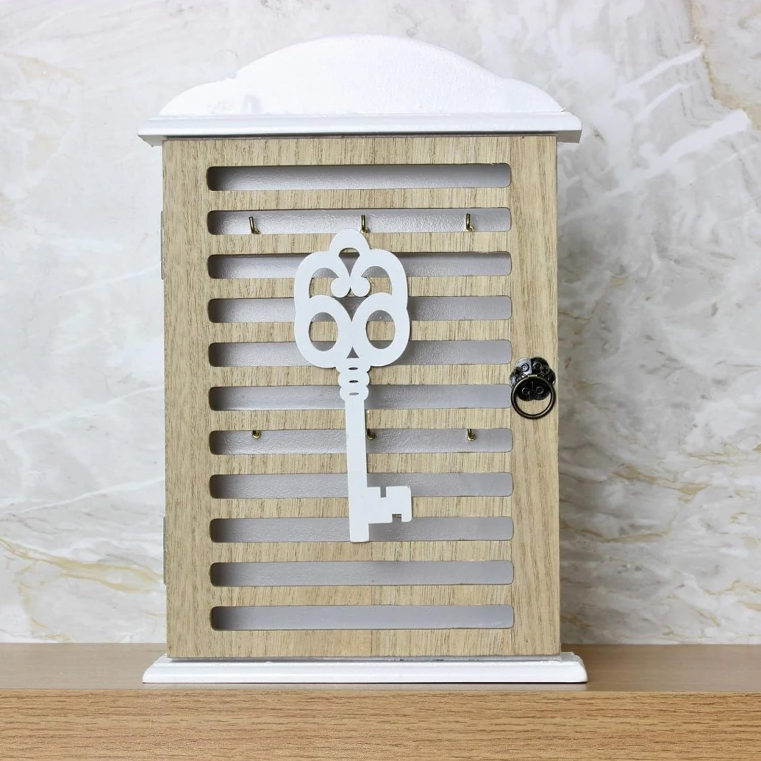 Avilia Cassetta Appendibile Portachiavi con Decorazione Chiave - Armadietto per Chiavi Design Retrò in Legno, Marrone e Bianco, 6x19x28.5cm: Organizzazione Elegante e Sicura