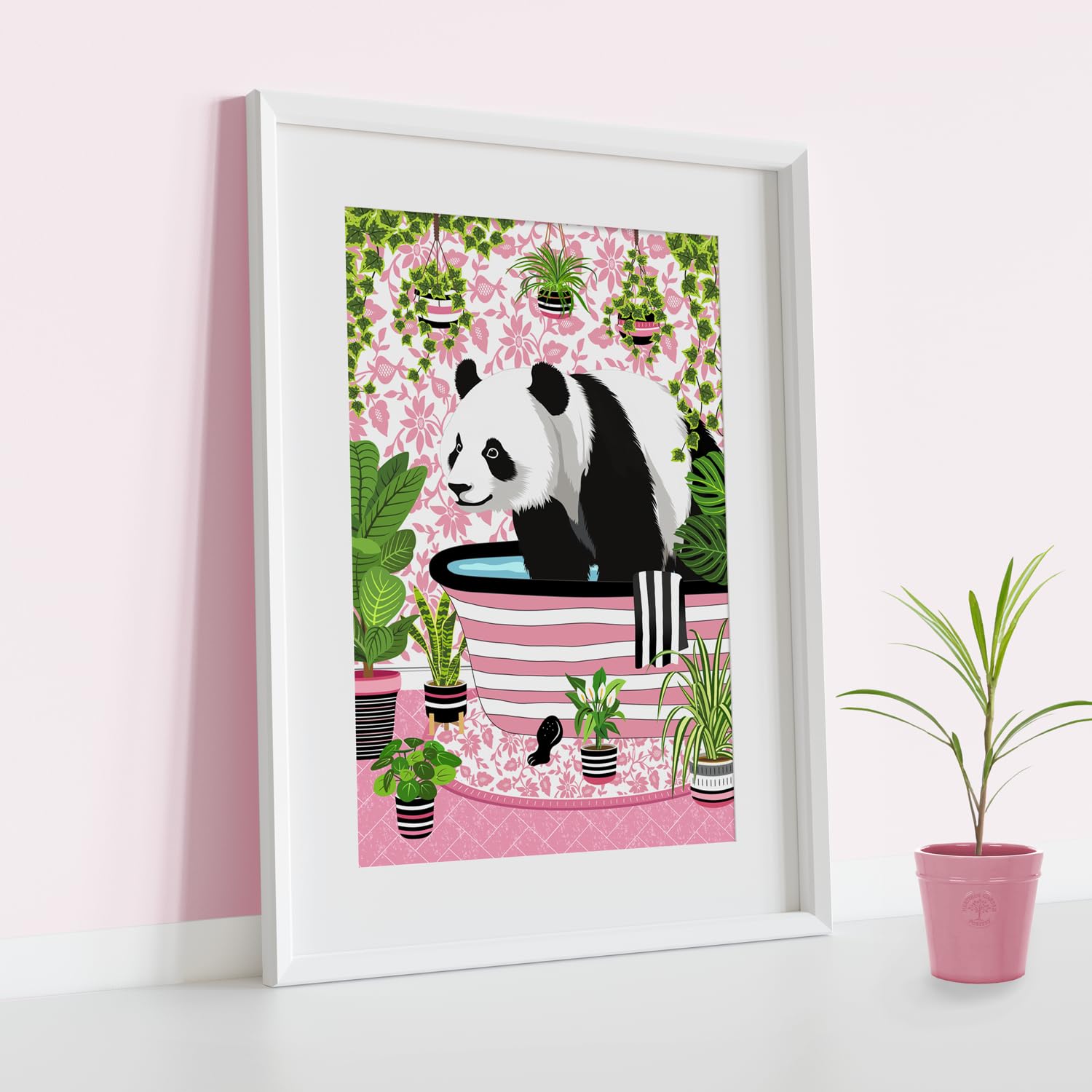 Panda in Bath Print, Panda in Pink Bathroom Print, A4 UNFRAMED Print, Animal on Toilet Print, Botanical Tropical Bathroom Decor - Image 4