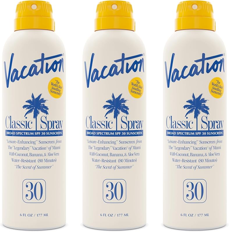 Vacation Classic SPF 30 Sunscreen Spray, 6 Fluid Ounces, Pack of 3 | Broad Spectrum, Lightweight, Transparent on All Skin Tones, Water-Resistant, Vegan, Dermatologist-Tested