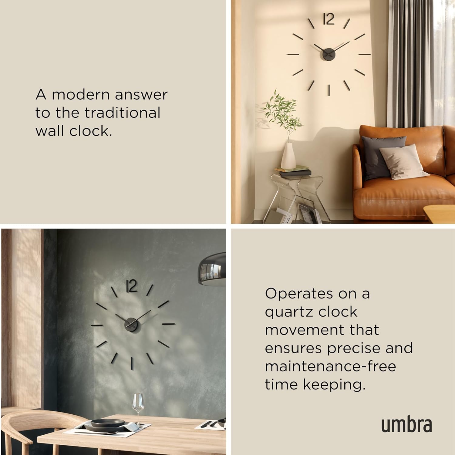 Umbra Blink Modern DIY 3D Wall Clock, Easy to Paste Wall Sticker Numbers, Frameless Large Decorative Wall Clock, Simple Indicators, Minimalist, Black