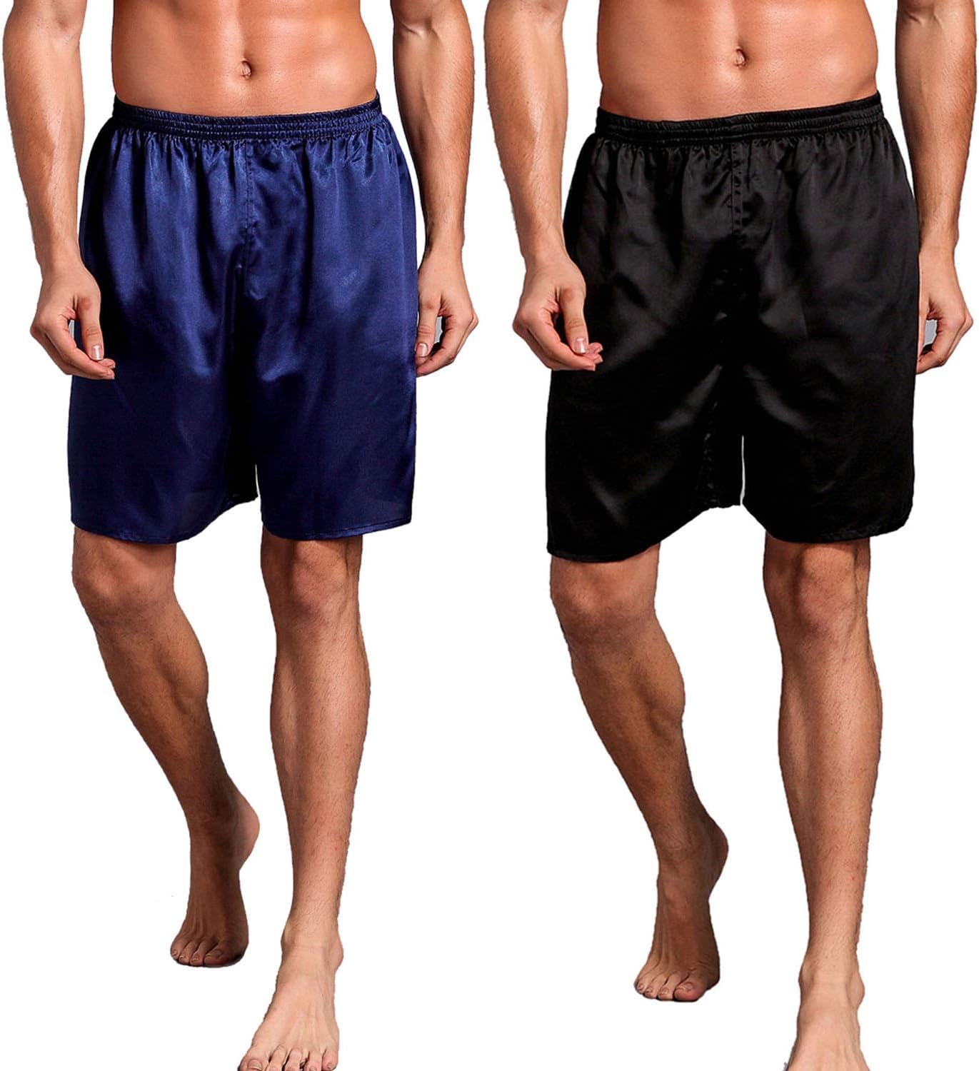 Admireme Mens Satin Boxer Shorts Pajamas Shorts Sleepwear Boxers Underwear Beach Shorts (2 Pack(Black+Blue), Medium)