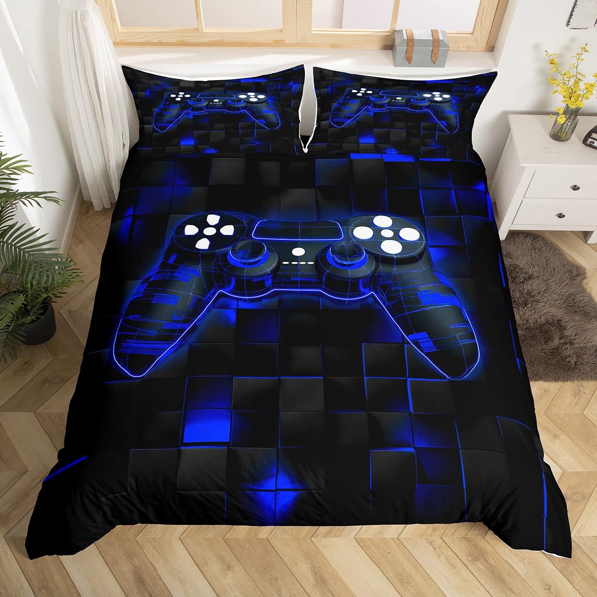 Homewish Teens Boys Gaming Super King Duvet Cover Set - Royal Blue Geometric Grid Bedding Gamer Game Room Decor - Modern Gamepad Quilt Cover Geometric Abstract Check Grid Bed Sets with 2 Pillowcases โ image 1