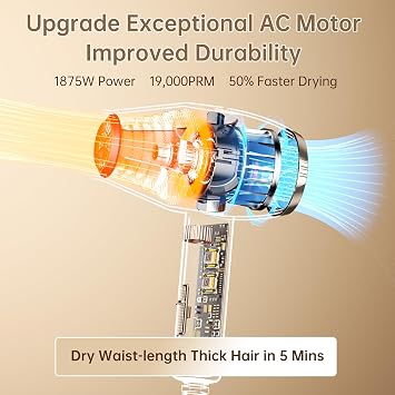 CONFU Hair Dryer Professional Hairdryer - Natural Ionic Salon Blowdryer for Smooth & Volume - 1875 Watt Fast Drying Blow Dryer with Diffuser for Curly Hair | Powerful AC Motor, 3 Heat, Cool Setting, Removable Filter, Reduce frizz, Ideal Gift for Home Use, Salon